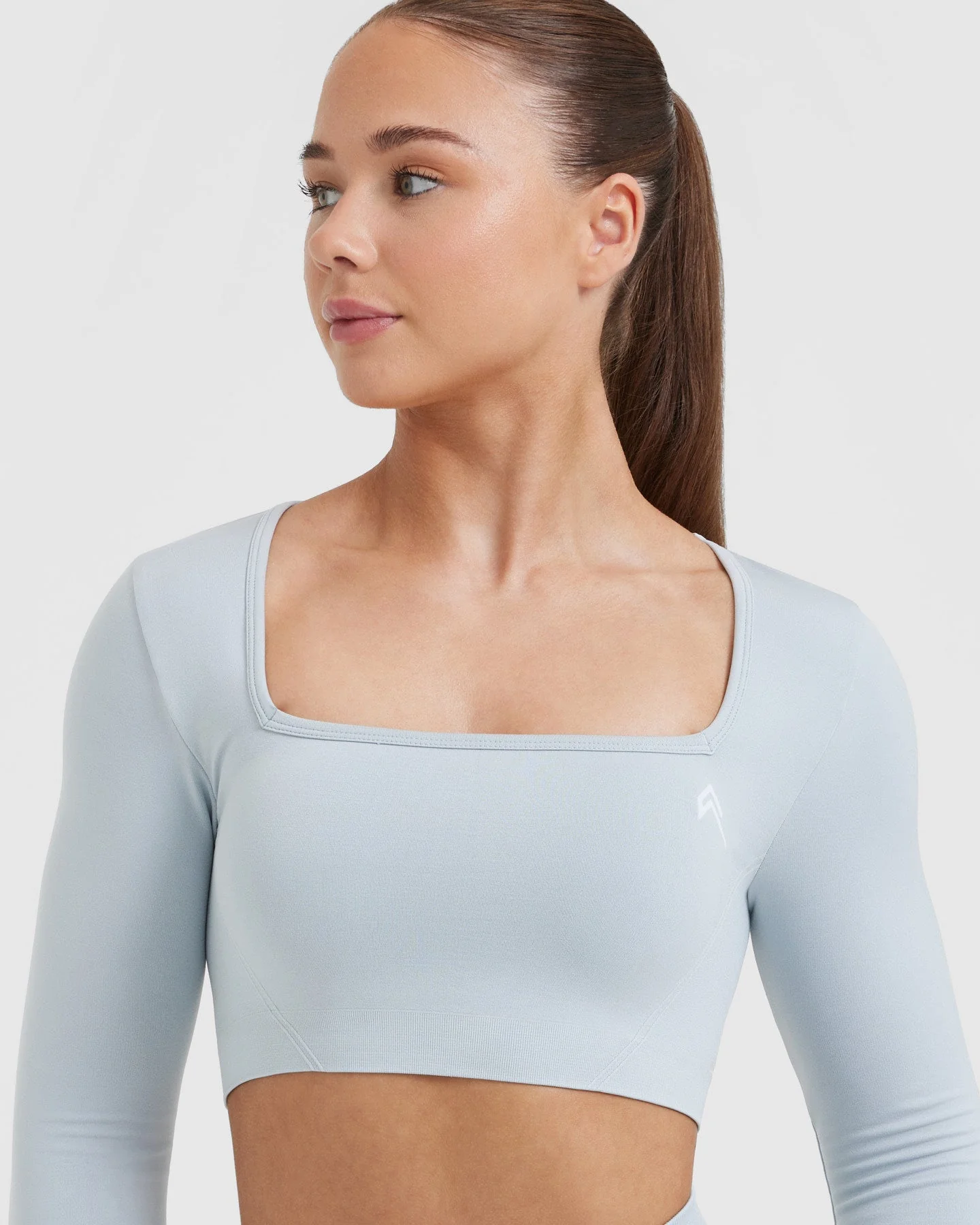 EffortlessLift™ Square Neck Crop Long Sleeve Top with White Logo | Ice Blue - Image 4