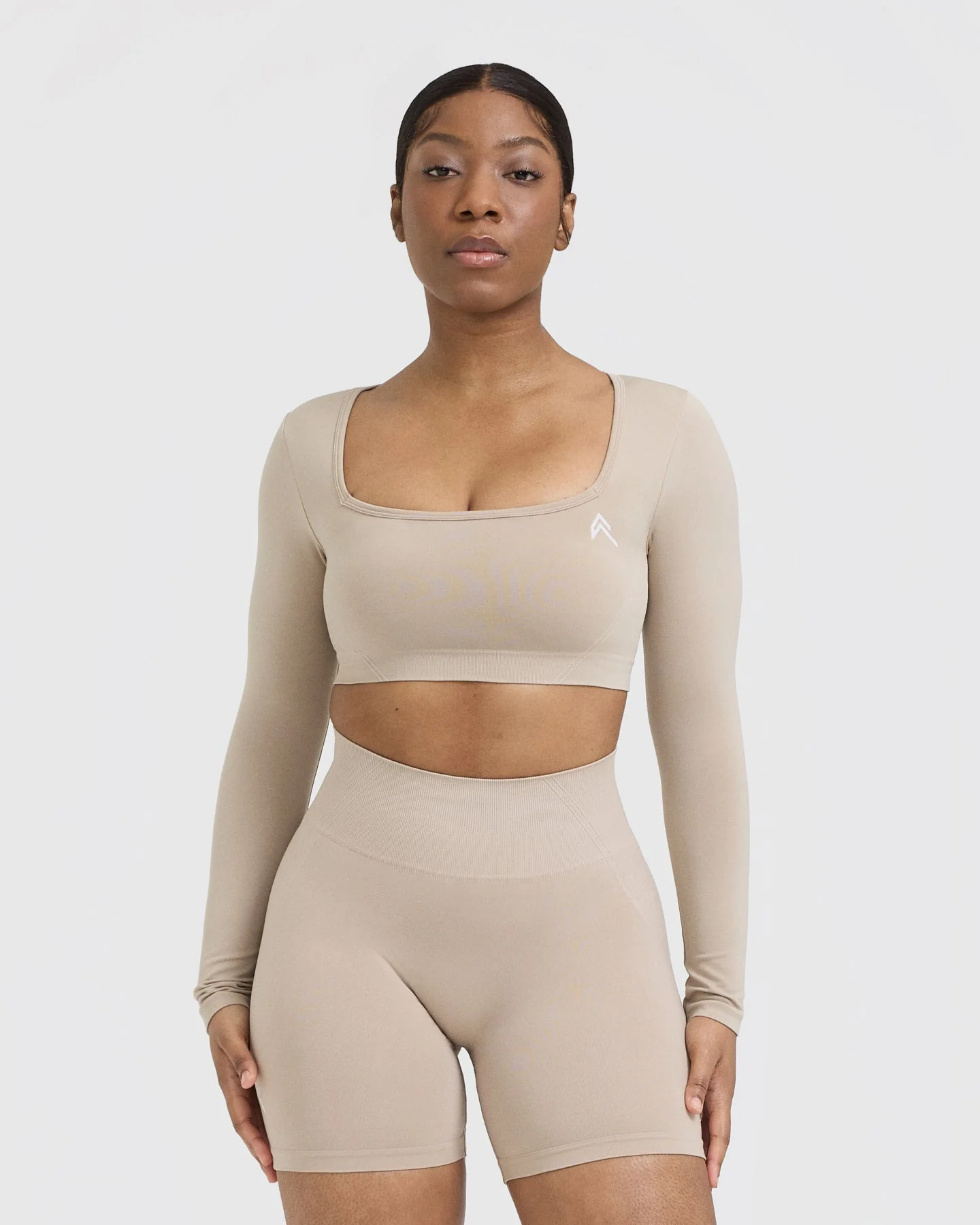 EffortlessLift™ Square Neck Crop Long Sleeve Top with White Logo | Mushroom Brown