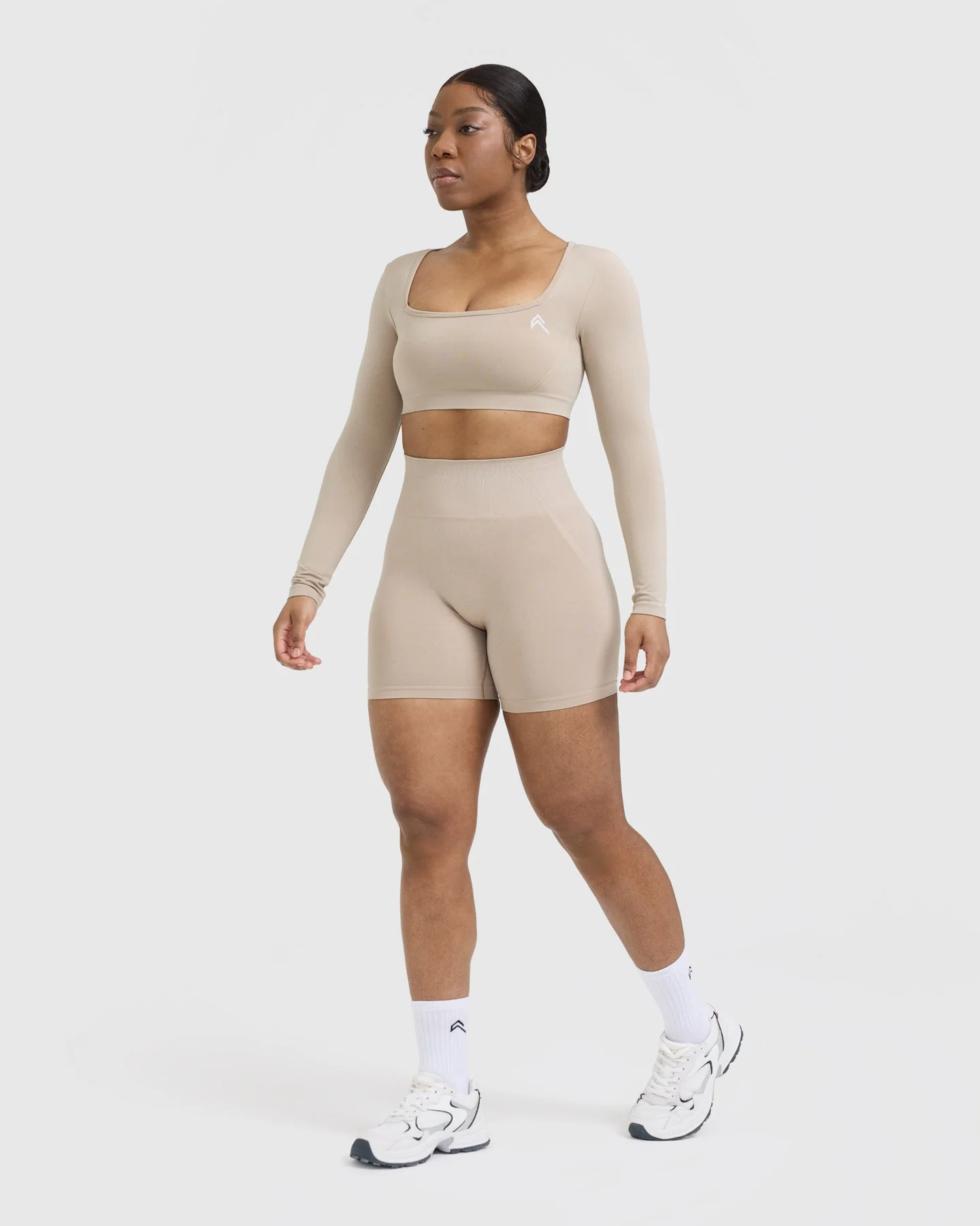 EffortlessLift™ Square Neck Crop Long Sleeve Top with White Logo | Mushroom Brown - Image 3