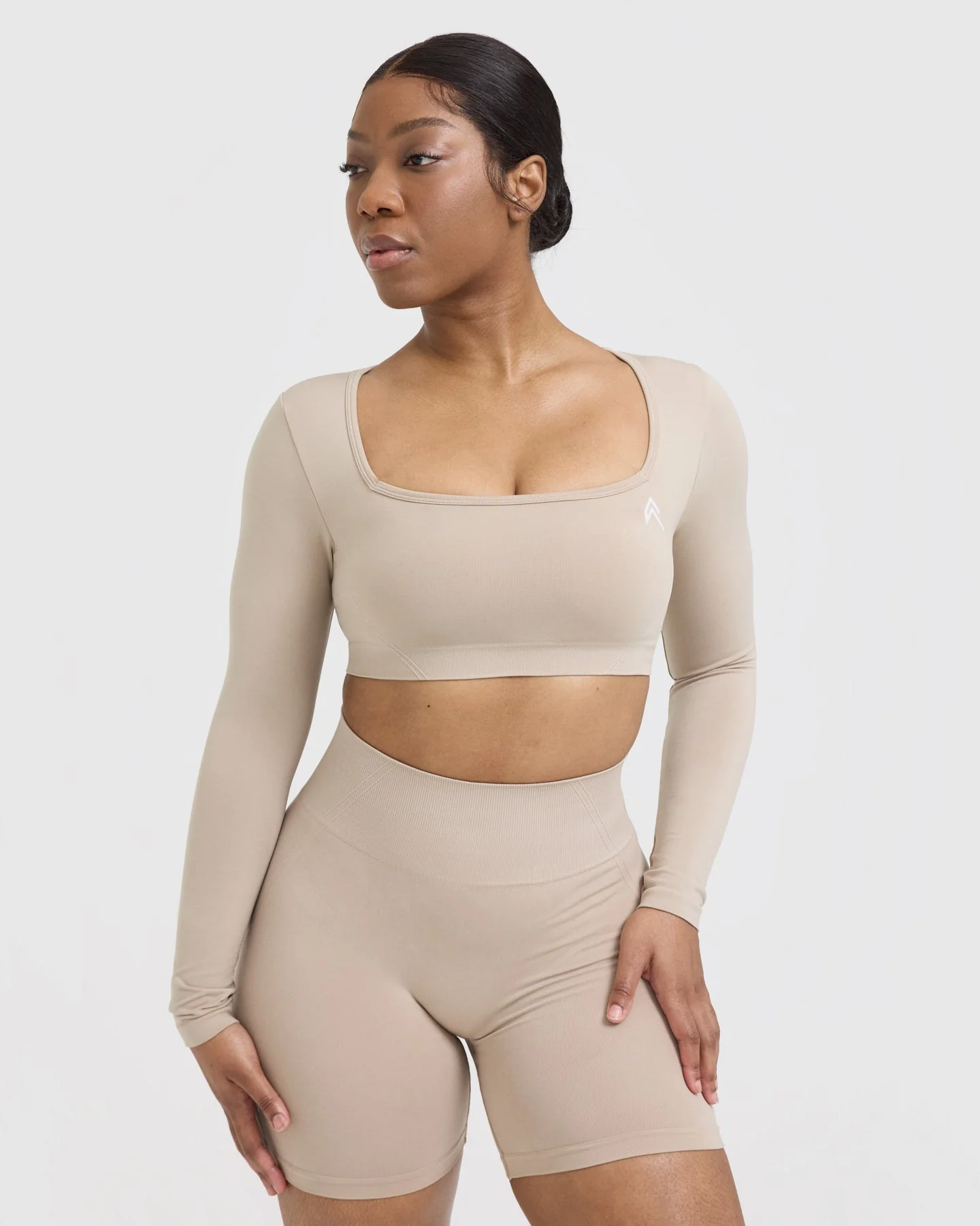 EffortlessLift™ Square Neck Crop Long Sleeve Top with White Logo | Mushroom Brown - Image 4