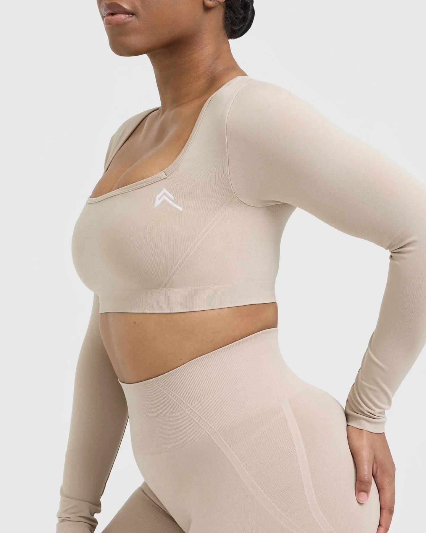 EffortlessLift™ Square Neck Crop Long Sleeve Top with White Logo | Mushroom Brown - Image 5
