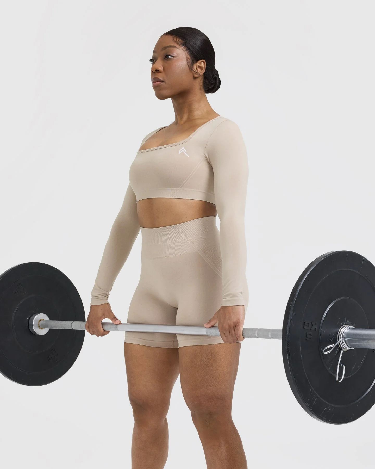 EffortlessLift™ Square Neck Crop Long Sleeve Top with White Logo | Mushroom Brown - Image 6