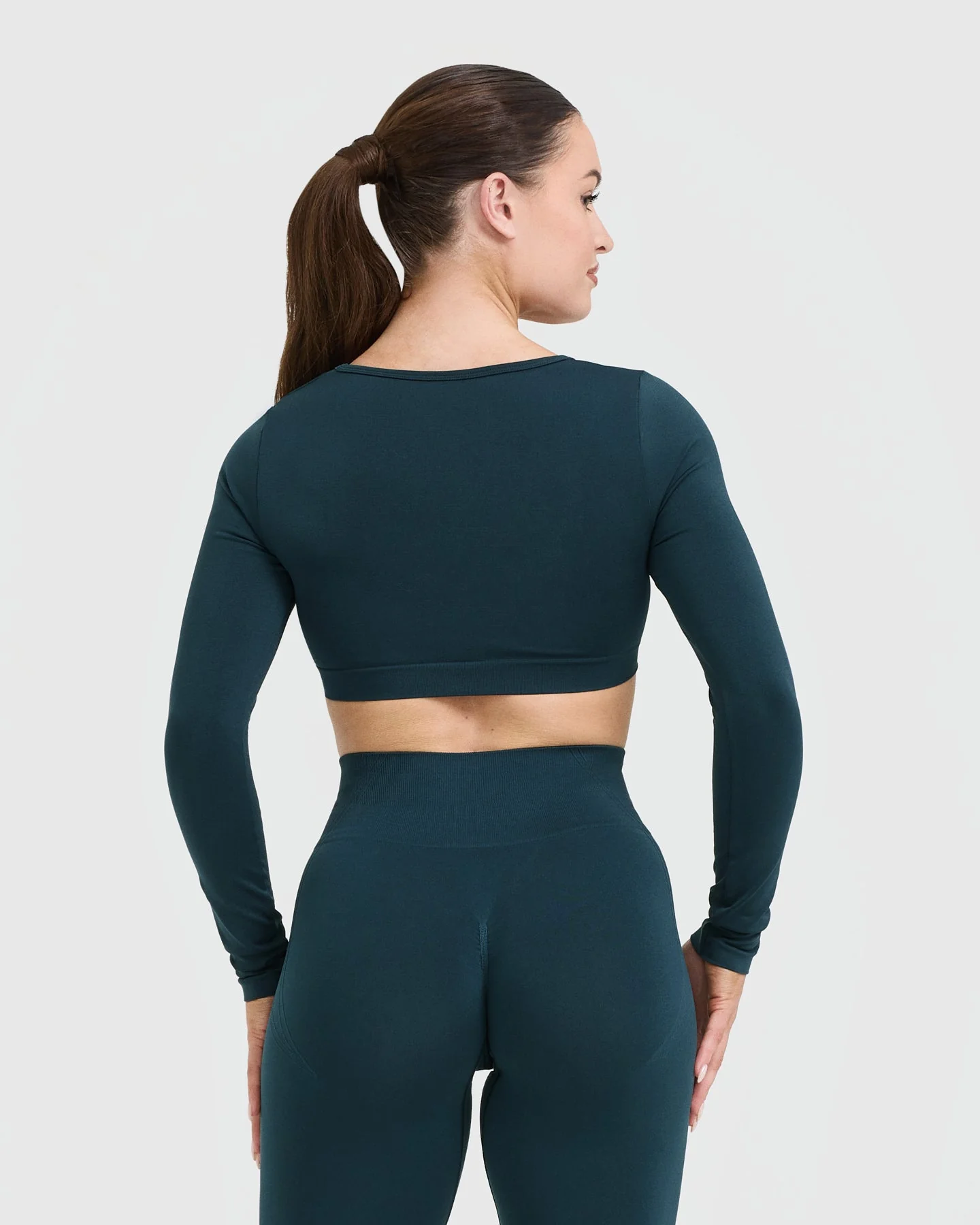 EffortlessLift™ Square Neck Crop Long Sleeve Top with White Logo | Oil Blue - Image 2