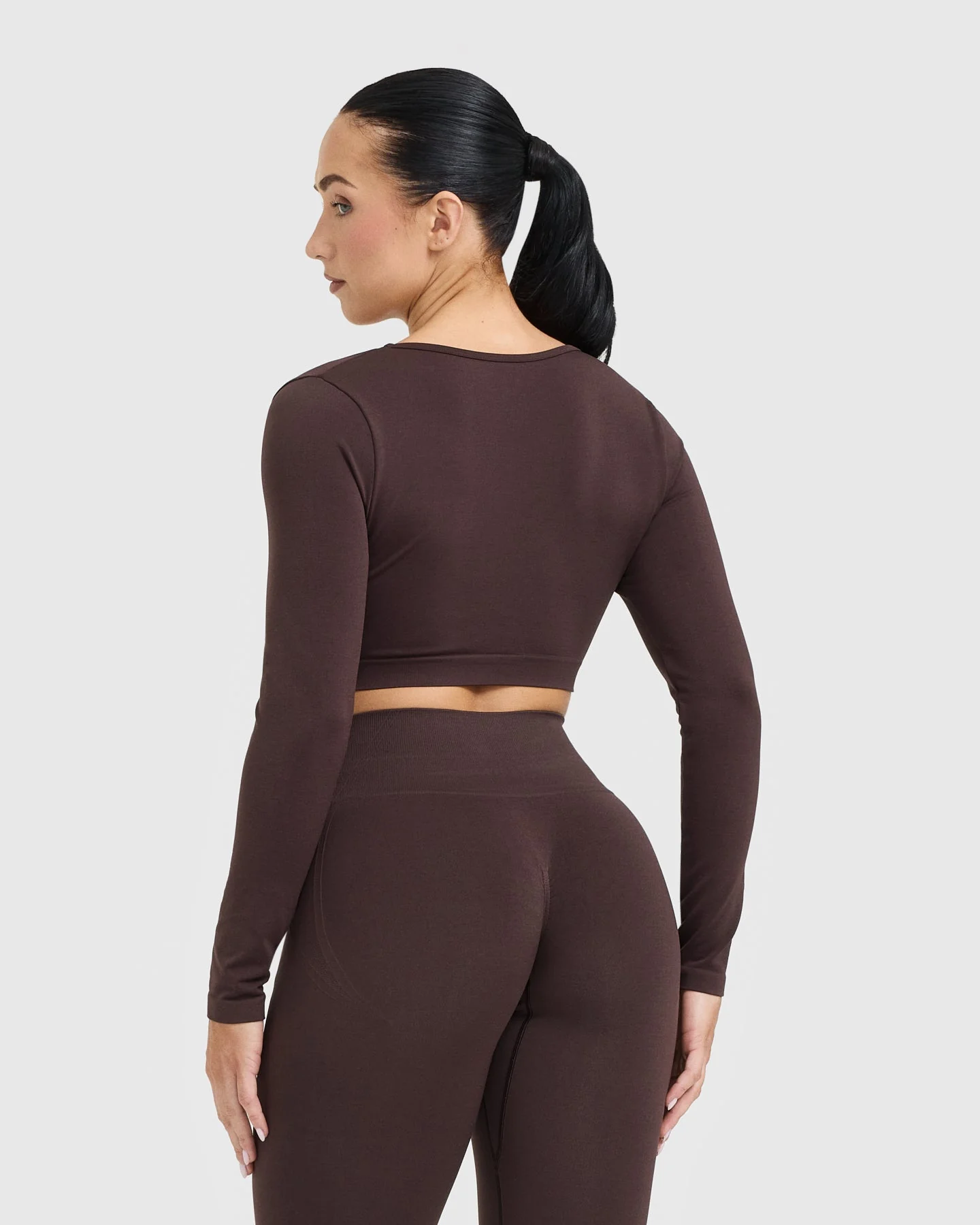 EffortlessLift™ Square Neck Crop Long Sleeve Top with White Logo | Plum Brown - Image 2
