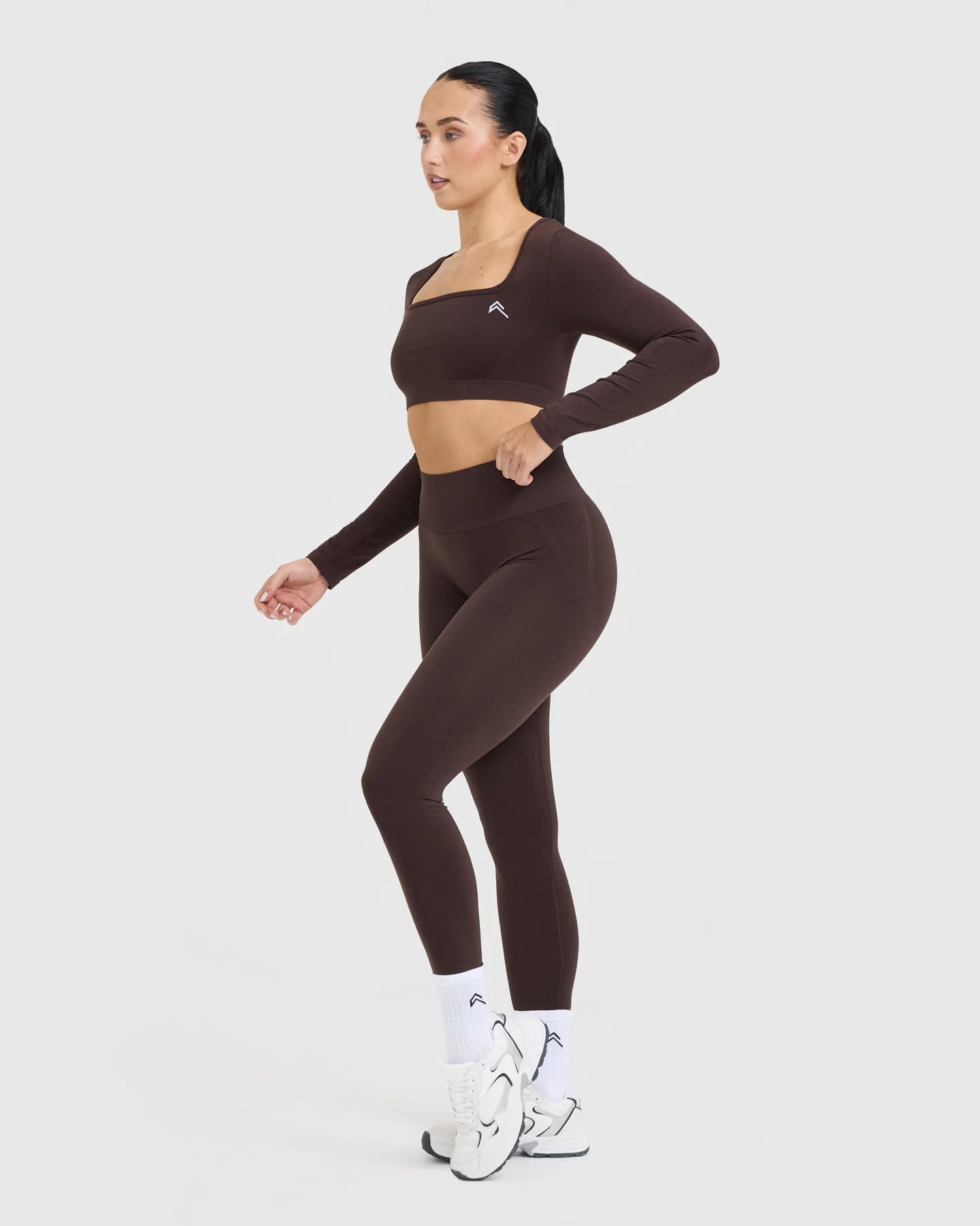 EffortlessLift™ Square Neck Crop Long Sleeve Top with White Logo | Plum Brown - Image 3