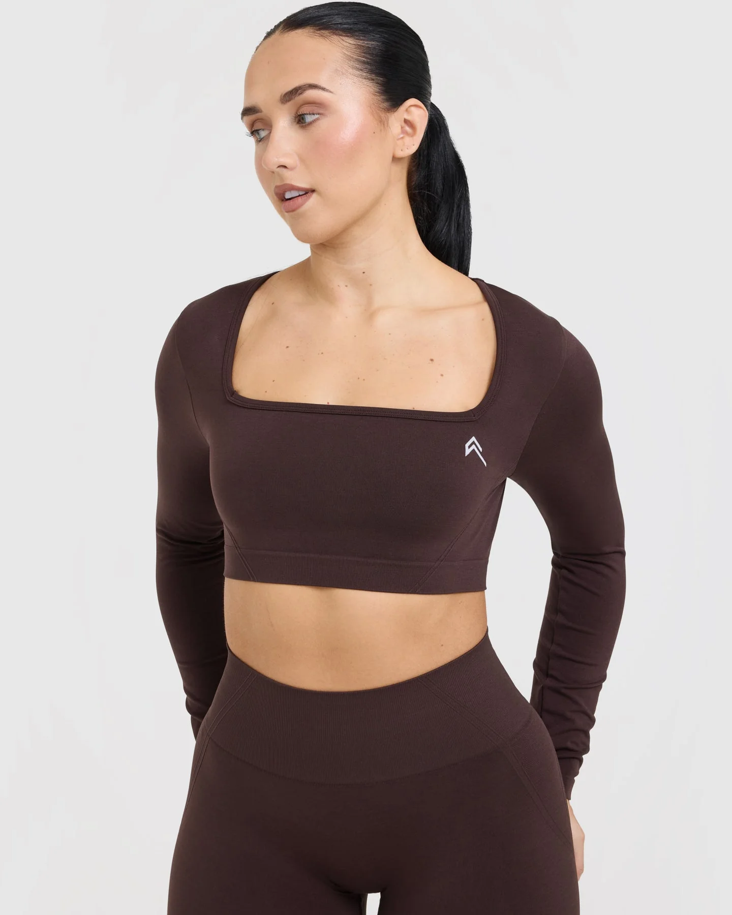 EffortlessLift™ Square Neck Crop Long Sleeve Top with White Logo | Plum Brown - Image 4