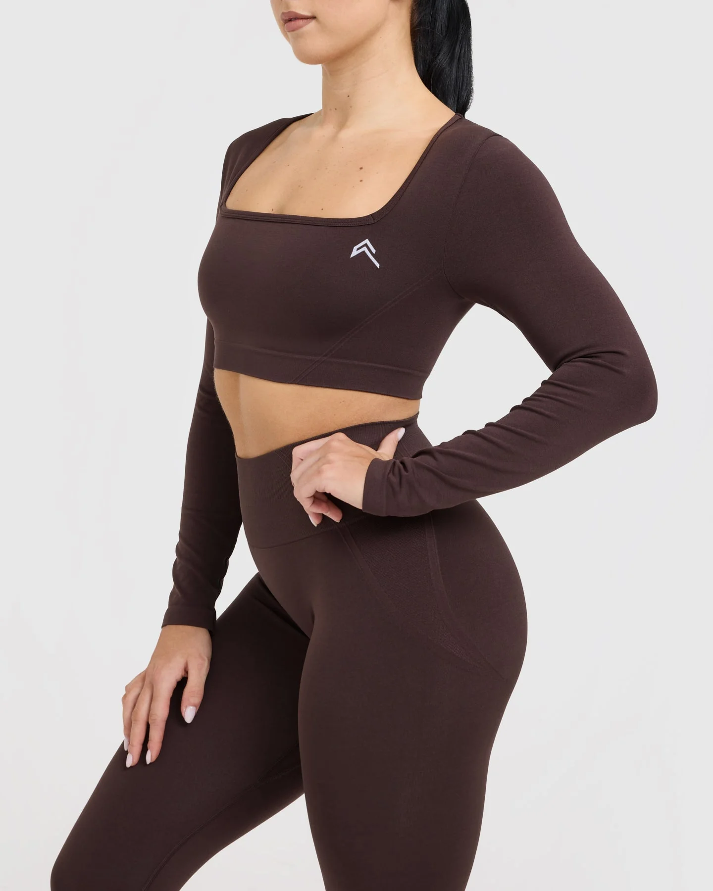 EffortlessLift™ Square Neck Crop Long Sleeve Top with White Logo | Plum Brown - Image 5