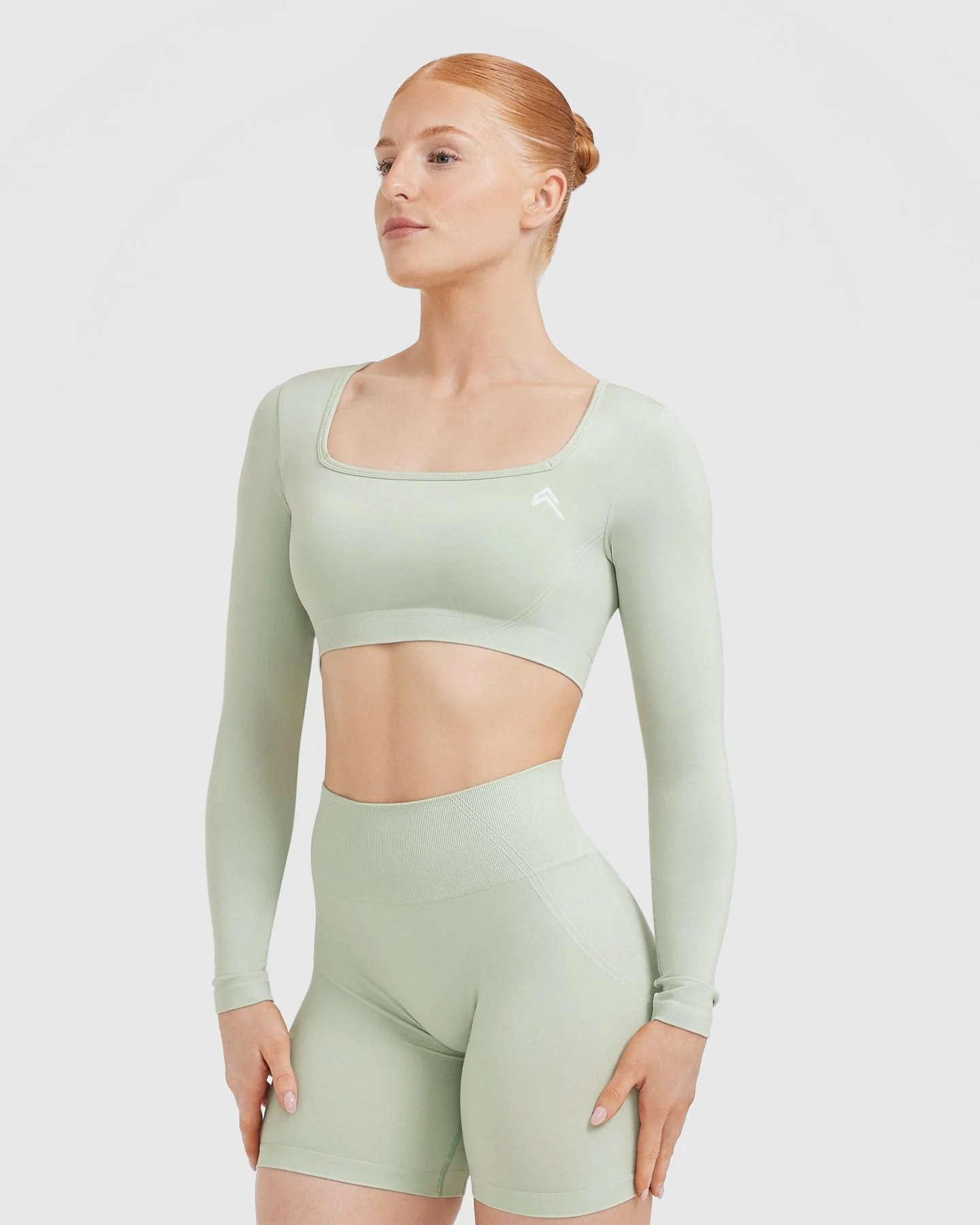 EffortlessLift™ Square Neck Crop Long Sleeve Top with White Logo | Tea Green - Image 3
