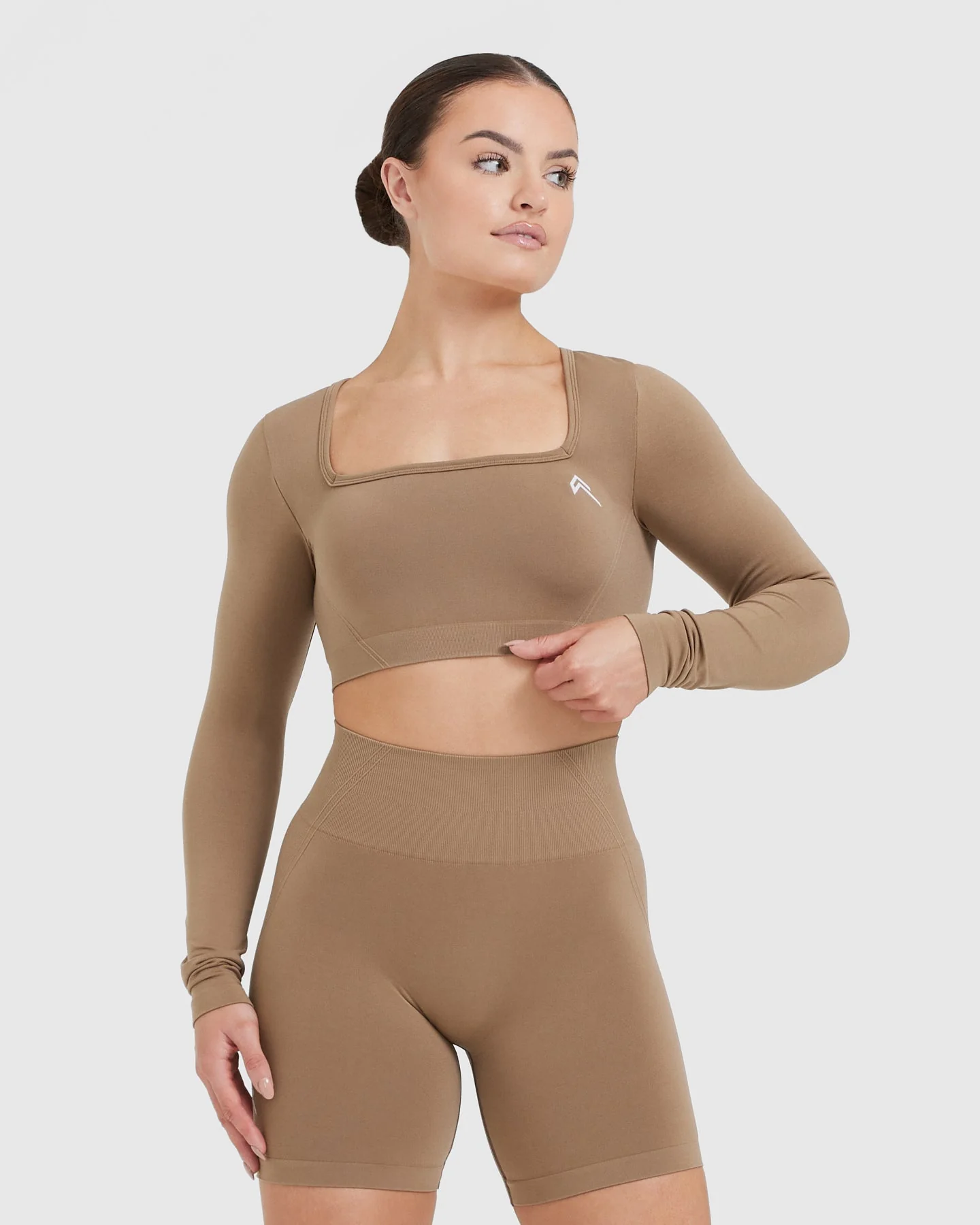 EffortlessLift™ Square Neck Crop Long Sleeve Top with White Logo | Walnut