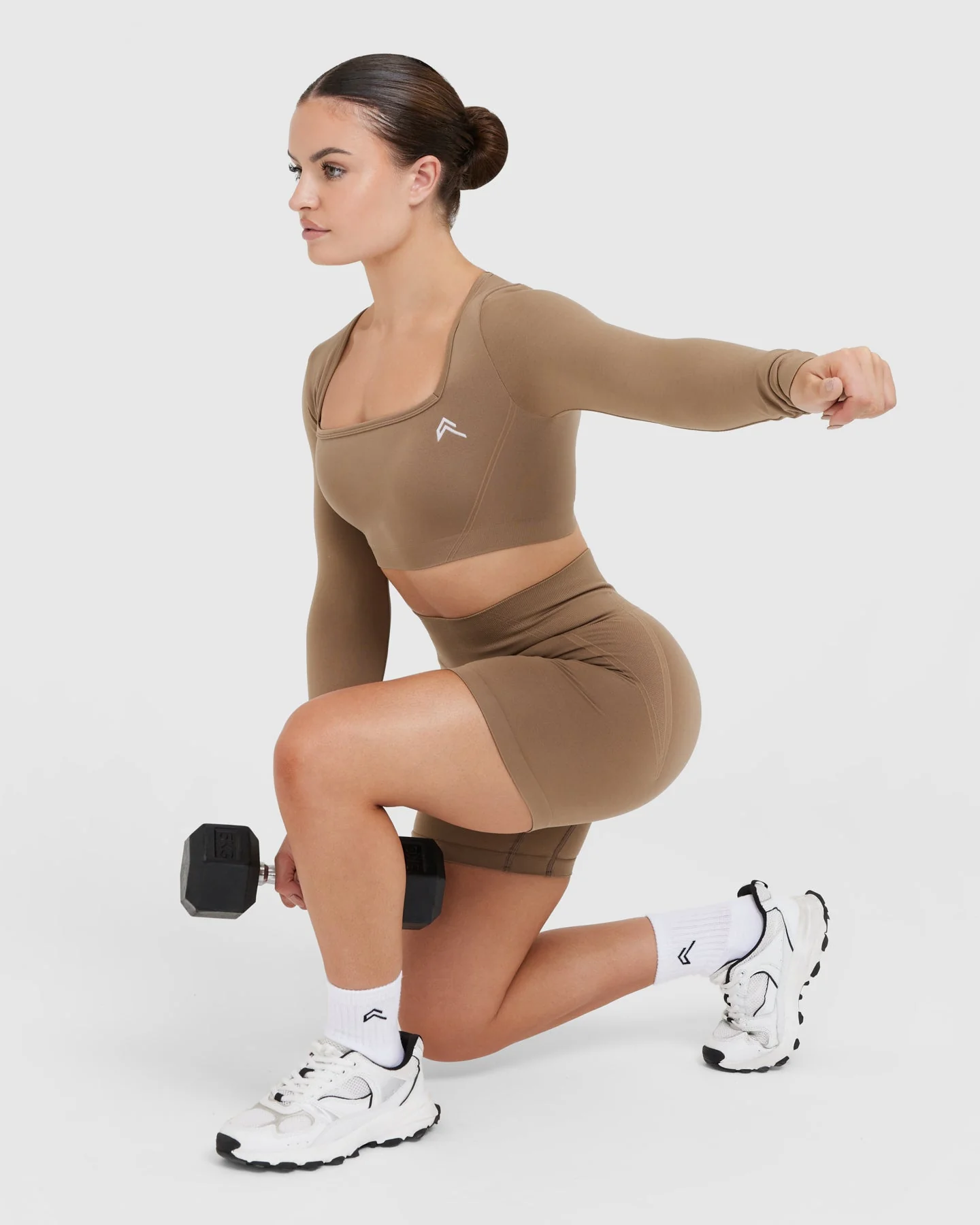 EffortlessLift™ Square Neck Crop Long Sleeve Top with White Logo | Walnut - Image 6