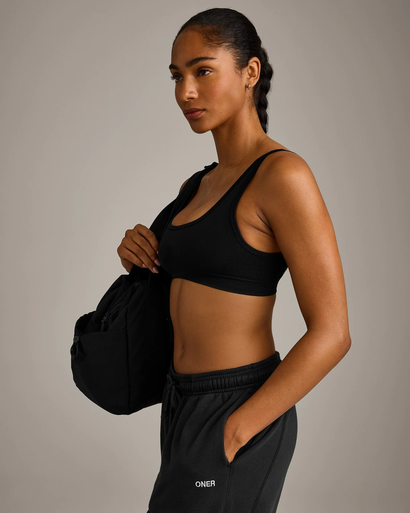 EffortlessLift™ Square Neck Sports Bra with Grey Logo | Black - Image 5