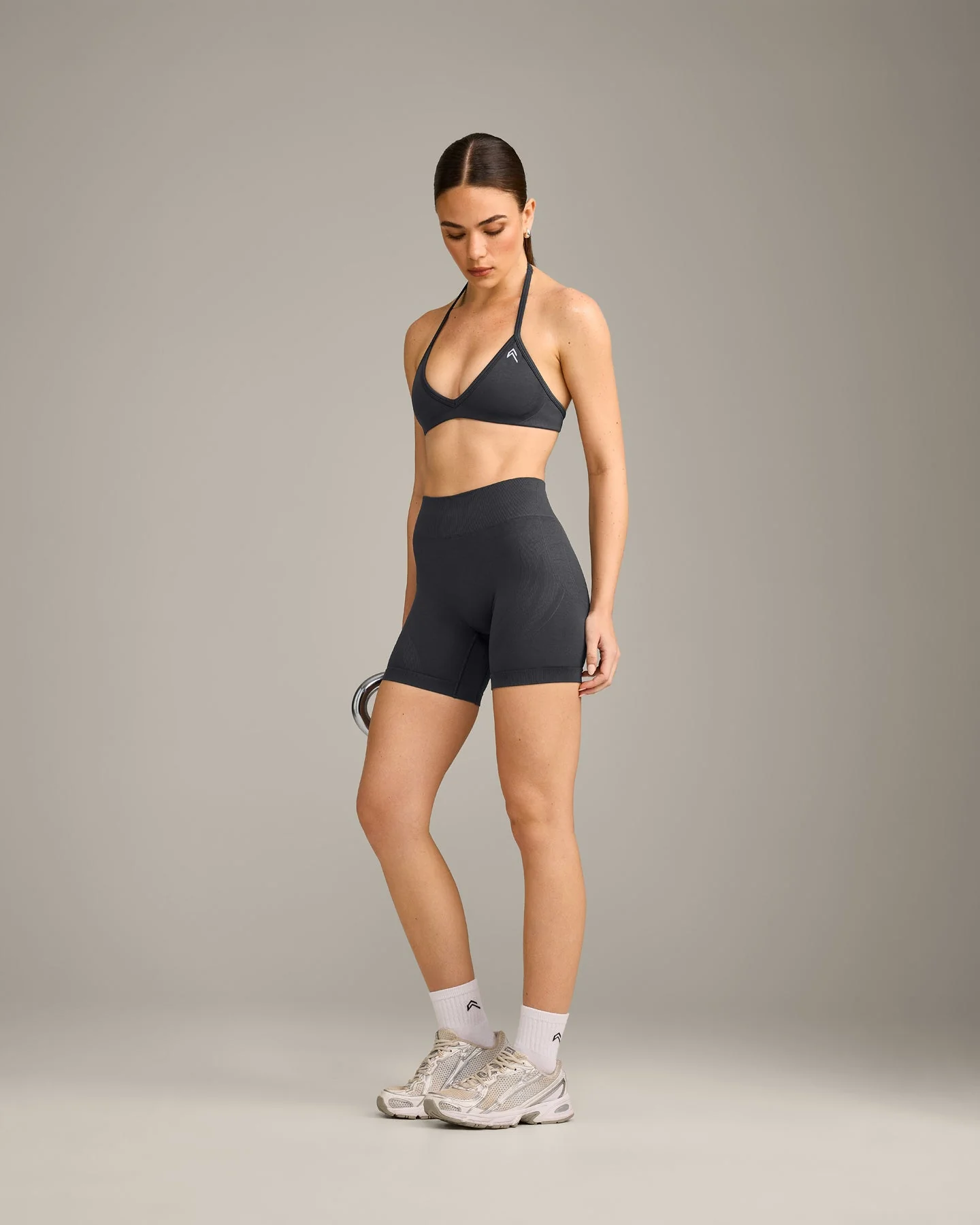 EnhanceLift™ Seamless Minimal Halter Neck Bralette with Grey Logo | Coal - Image 3