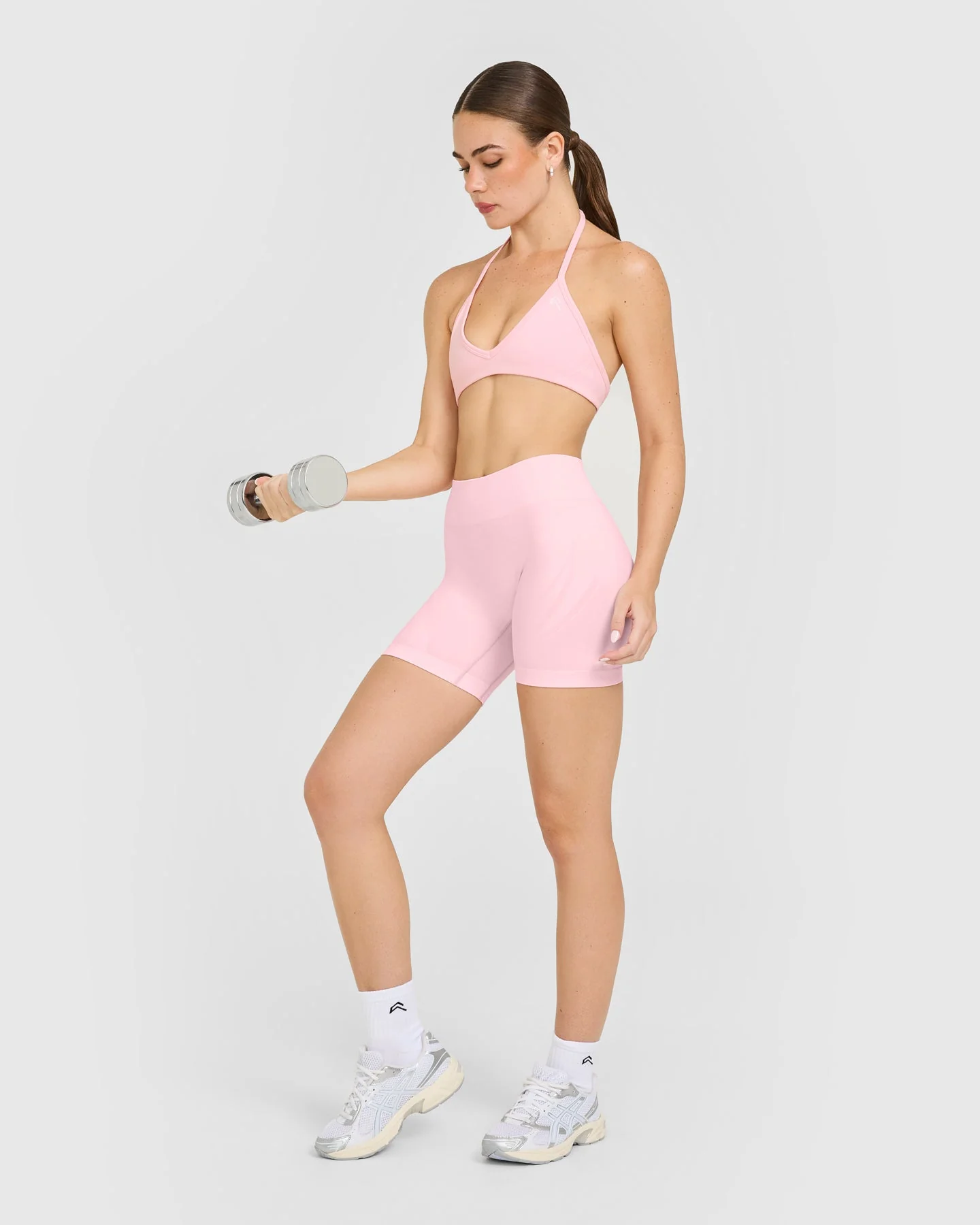 EnhanceLift™ Seamless Minimal Halter Neck Bralette with White Logo | Cherry Blossom Pink - Image 3