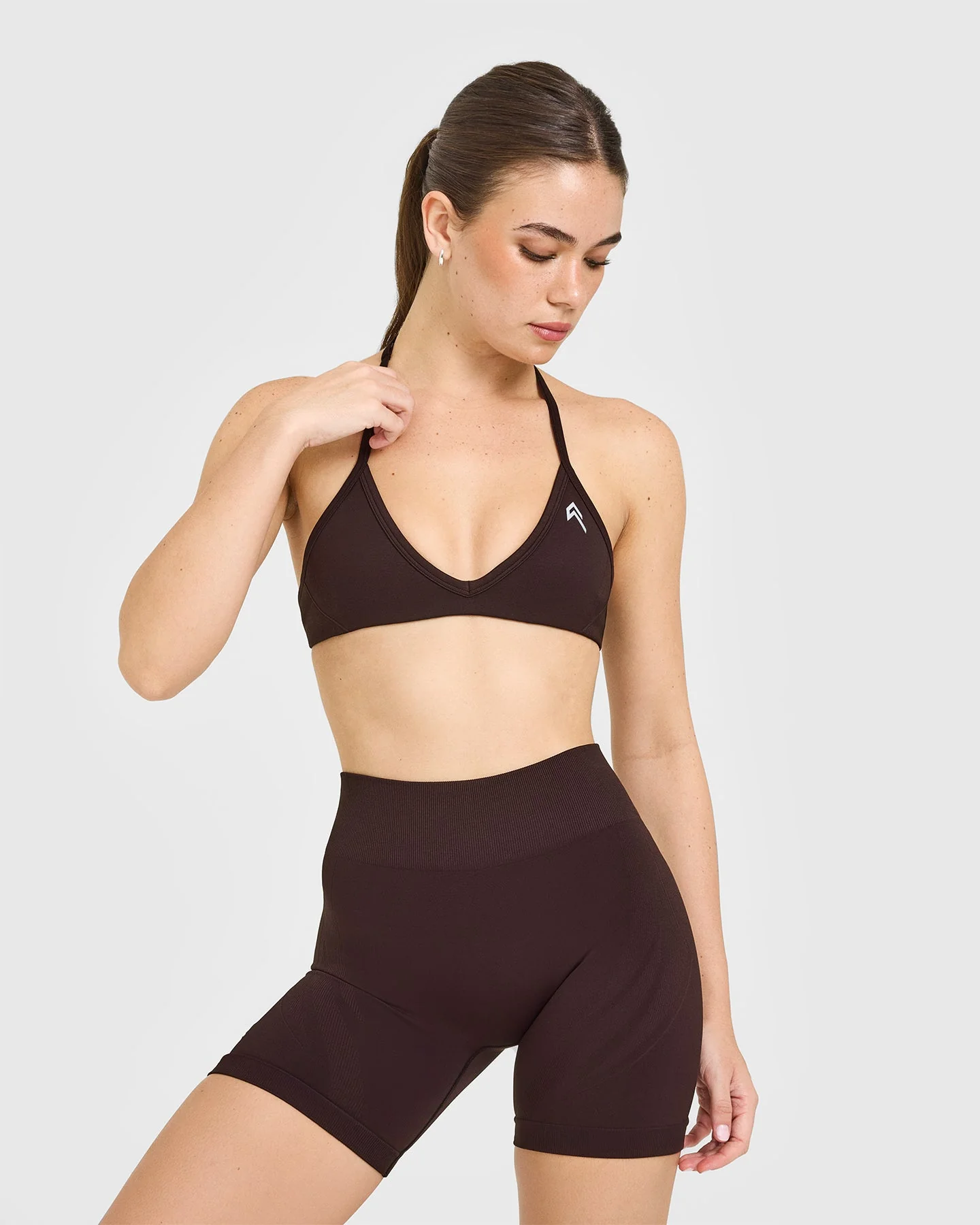 EnhanceLift™ Seamless Minimal Halter Neck Bralette with White Logo | Plum Brown