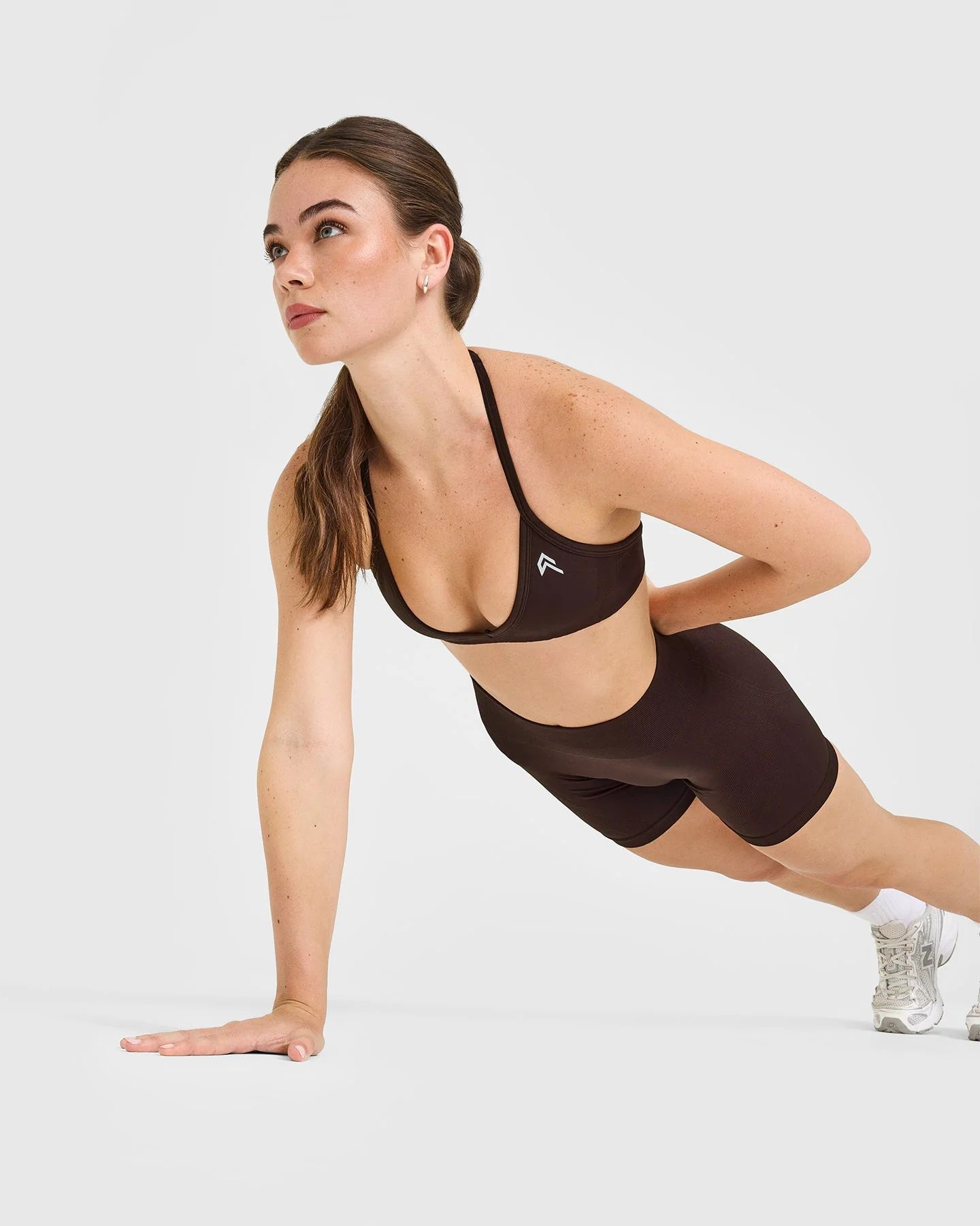 EnhanceLift™ Seamless Minimal Halter Neck Bralette with White Logo | Plum Brown - Image 6