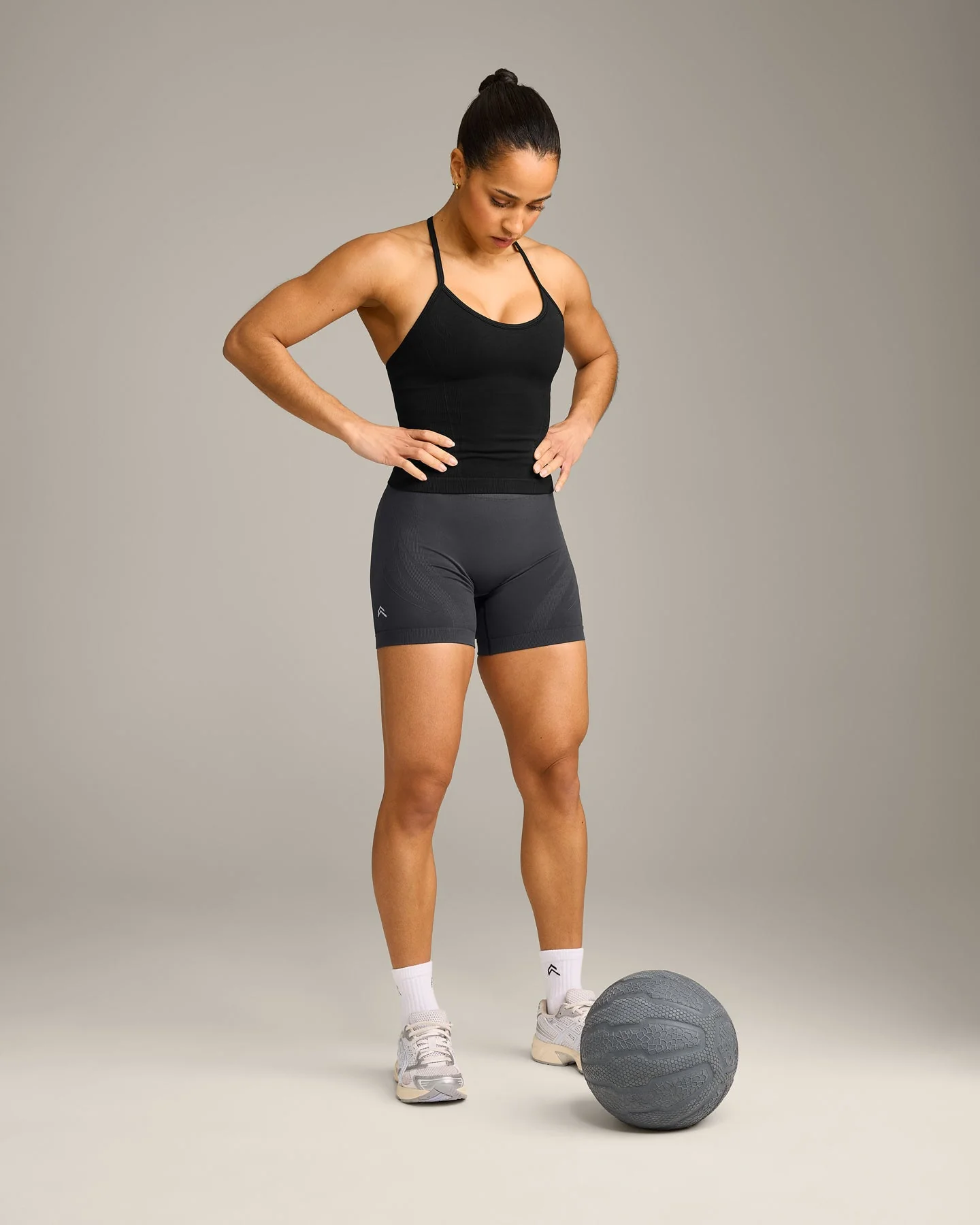 EnhanceLift™ Seamless Strappy Racer Vest with Built in Bra Shelf with Grey Logo | Black - Image 5