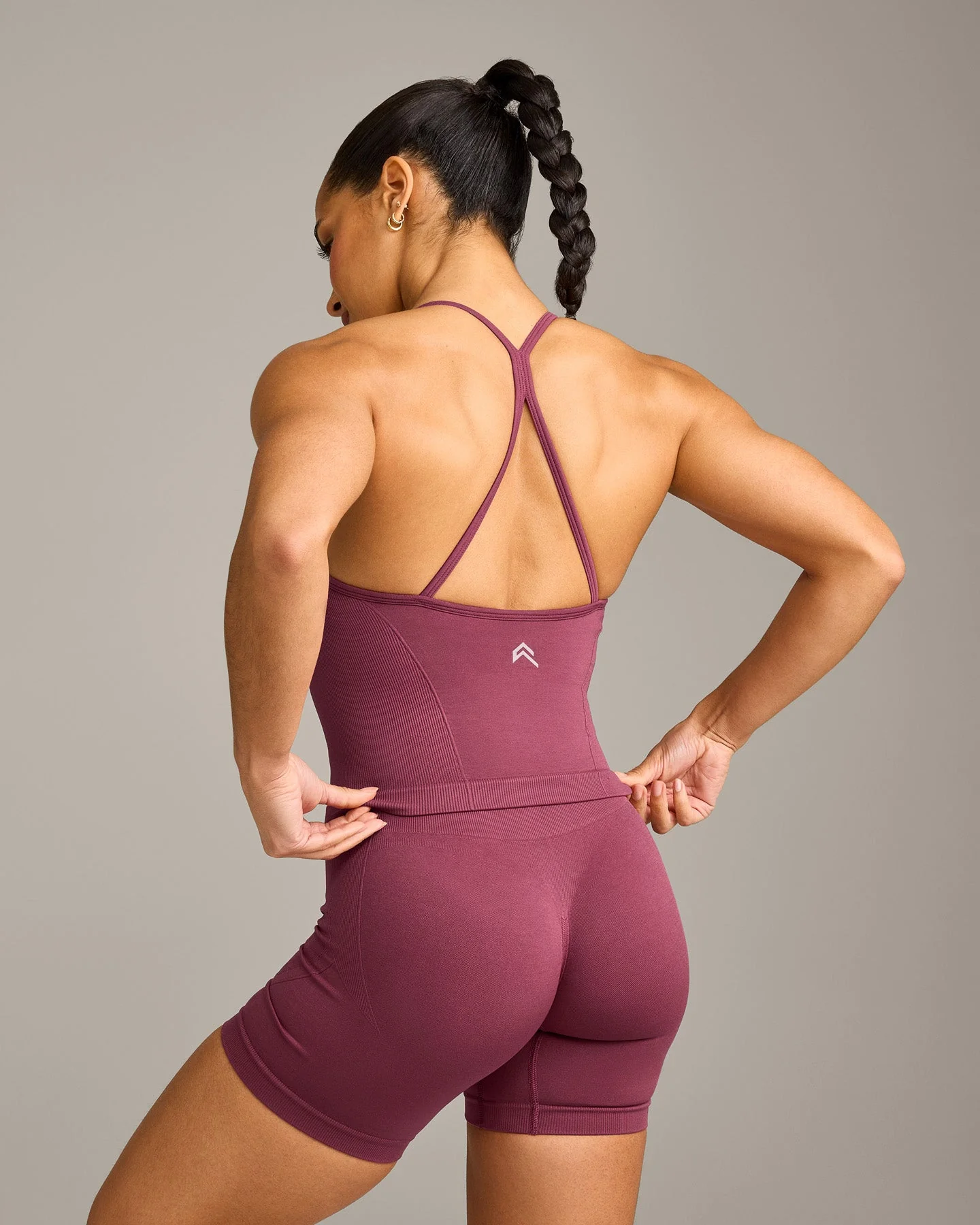 EnhanceLift™ Seamless Strappy Racer Vest with Built in Bra Shelf with Grey Logo | Burnt Maroon - Image 2
