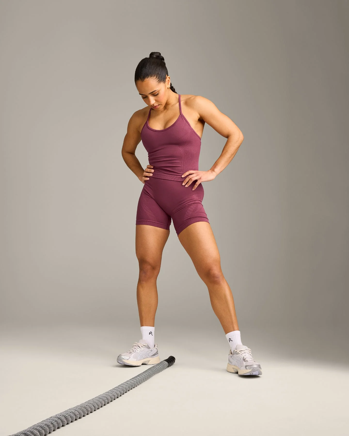 EnhanceLift™ Seamless Strappy Racer Vest with Built in Bra Shelf with Grey Logo | Burnt Maroon - Image 3