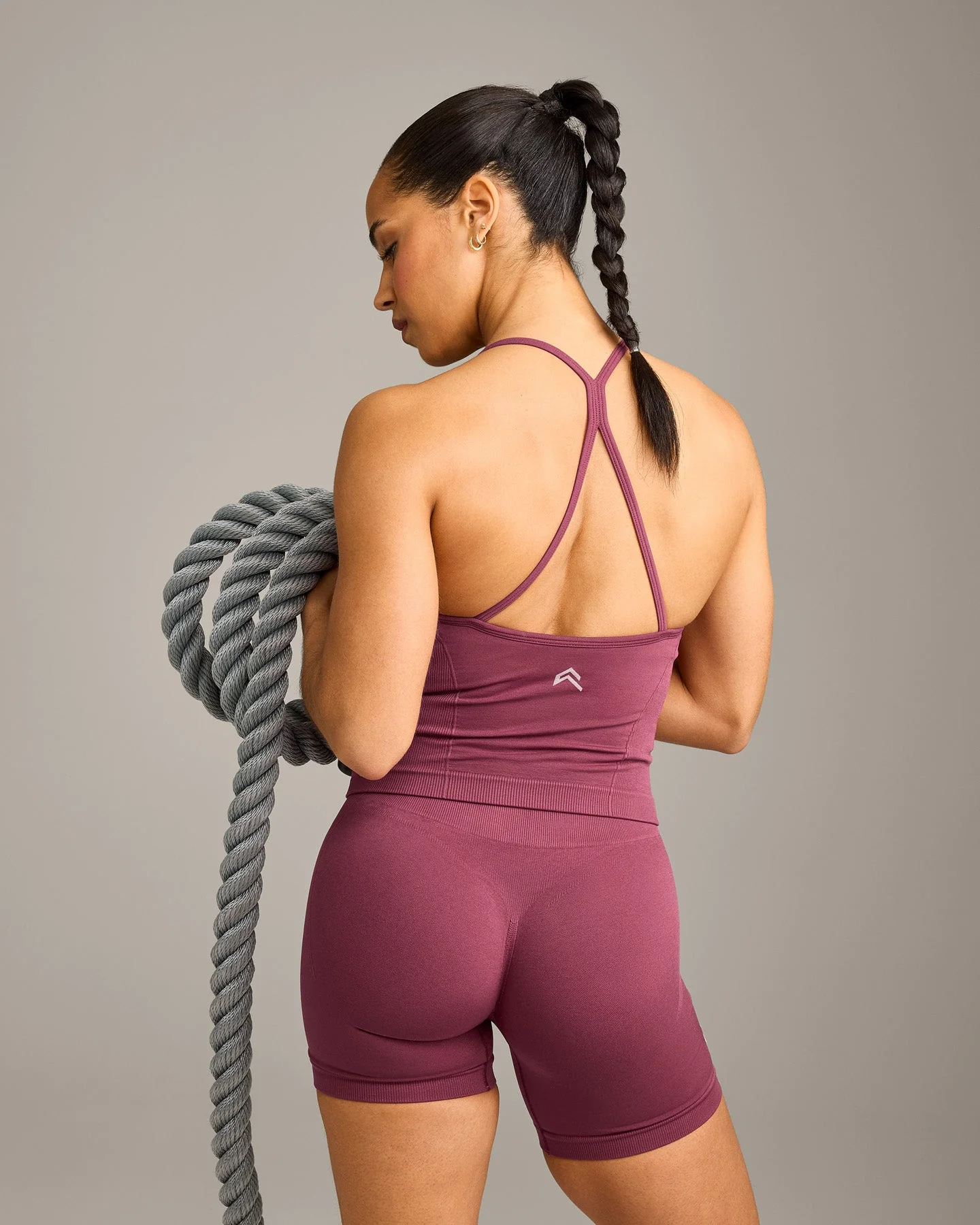 EnhanceLift™ Seamless Strappy Racer Vest with Built in Bra Shelf with Grey Logo | Burnt Maroon - Image 6