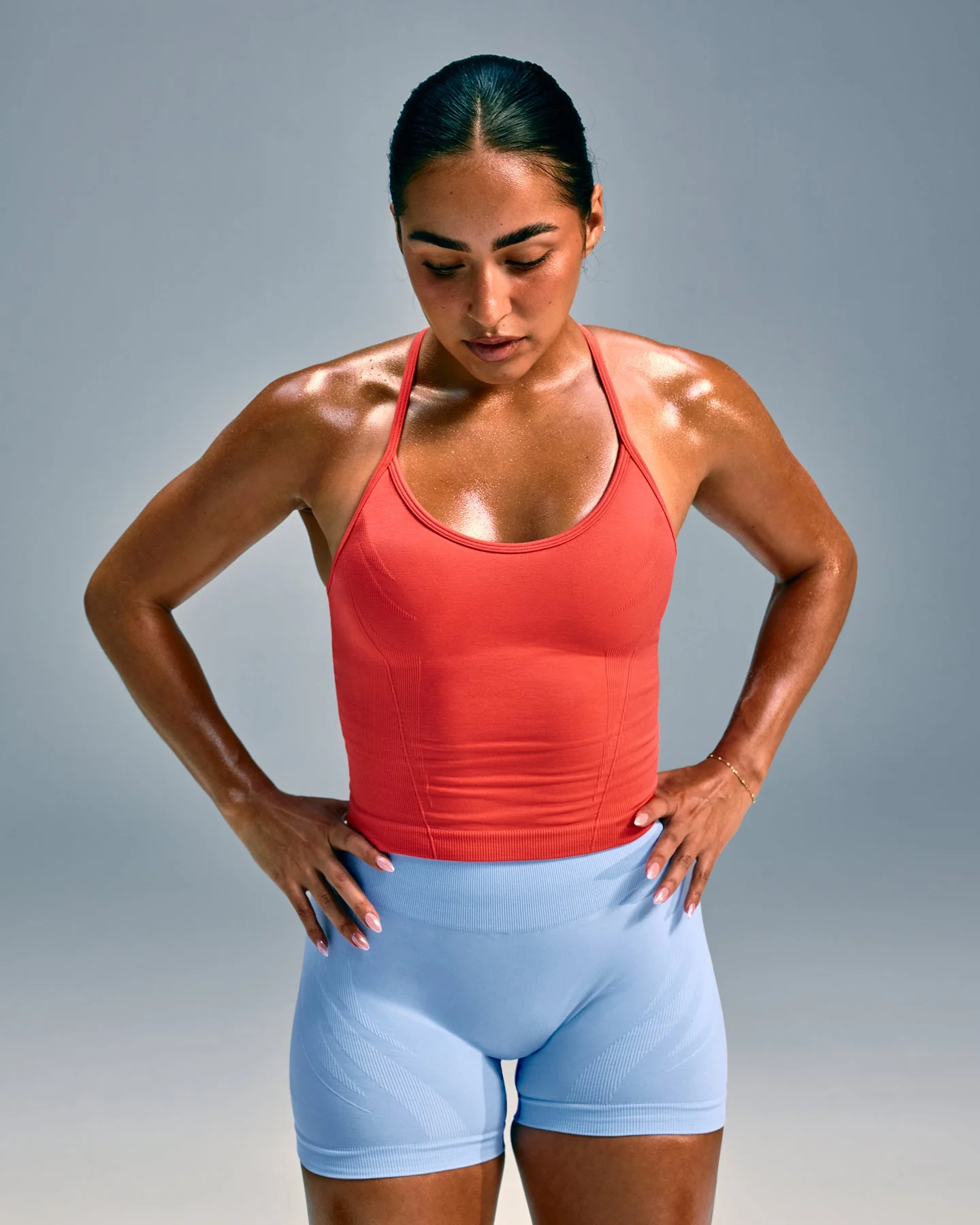 EnhanceLift™ Seamless Strappy Racer Vest with Built in Bra Shelf with Grey Logo | Dark Charged Coral - Image 2