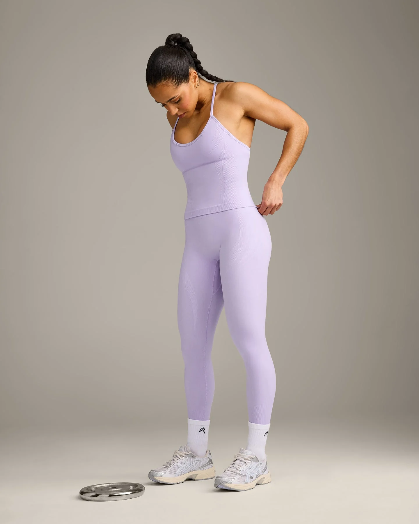 EnhanceLift™ Seamless Strappy Racer Vest with Built in Bra Shelf with Grey Logo | Lavender Purple - Image 3