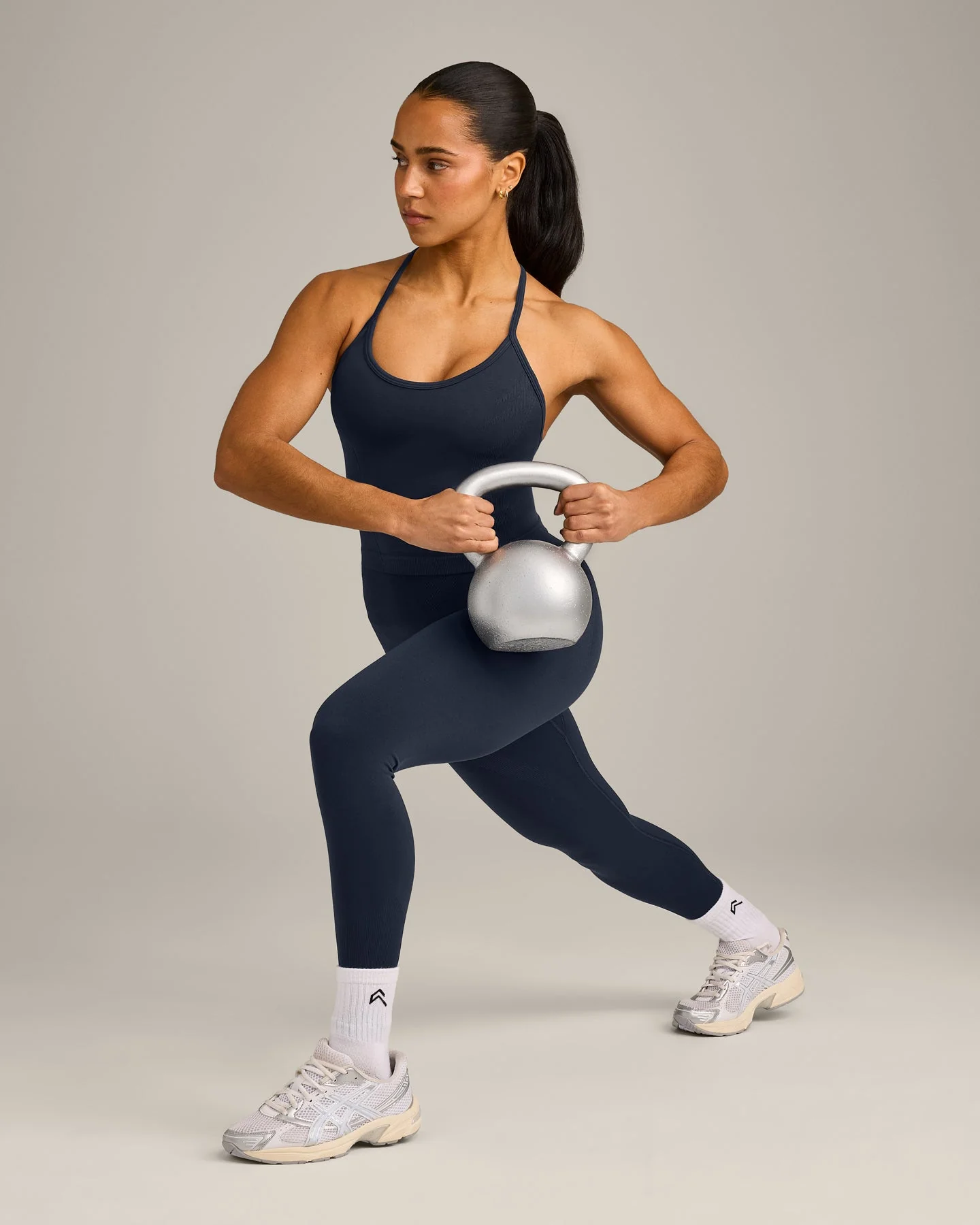EnhanceLift™ Seamless Strappy Racer Vest with Built in Bra Shelf with Grey Logo | True Blue - Image 3