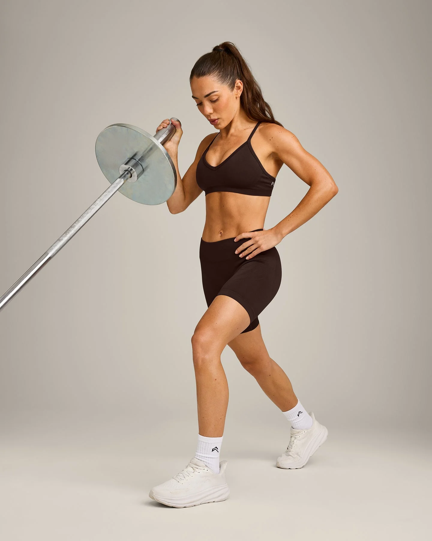 EnhanceLift™ Seamless Strappy Sports Bra with Grey Logo | 70% Cocoa - Image 3