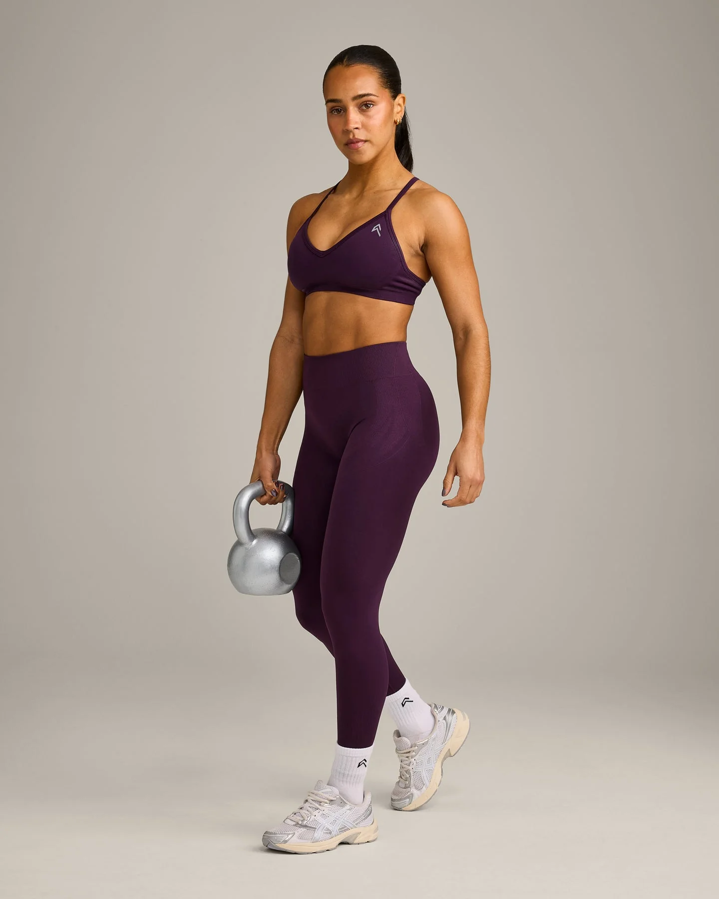 EnhanceLift™ Seamless Strappy Sports Bra with Grey Logo | Blackberry Purple - Image 3