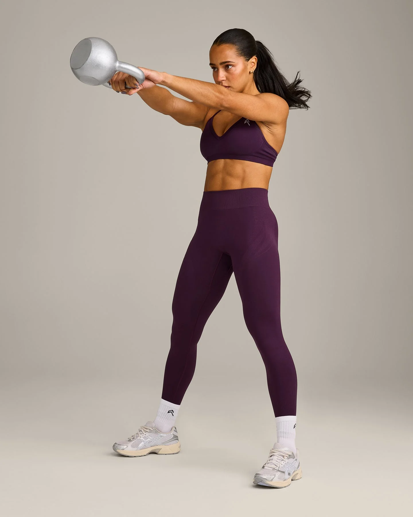 EnhanceLift™ Seamless Strappy Sports Bra with Grey Logo | Blackberry Purple - Image 6