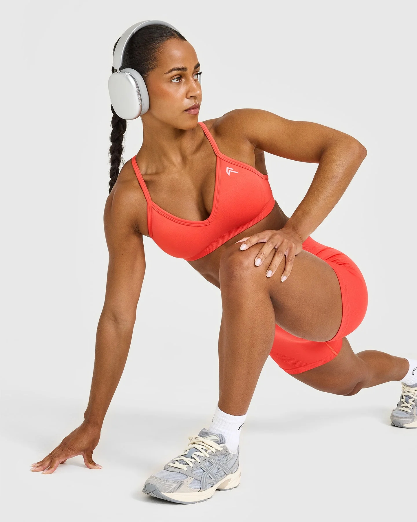 EnhanceLift™ Seamless Strappy Sports Bra with White Logo | Charged Coral - Image 6