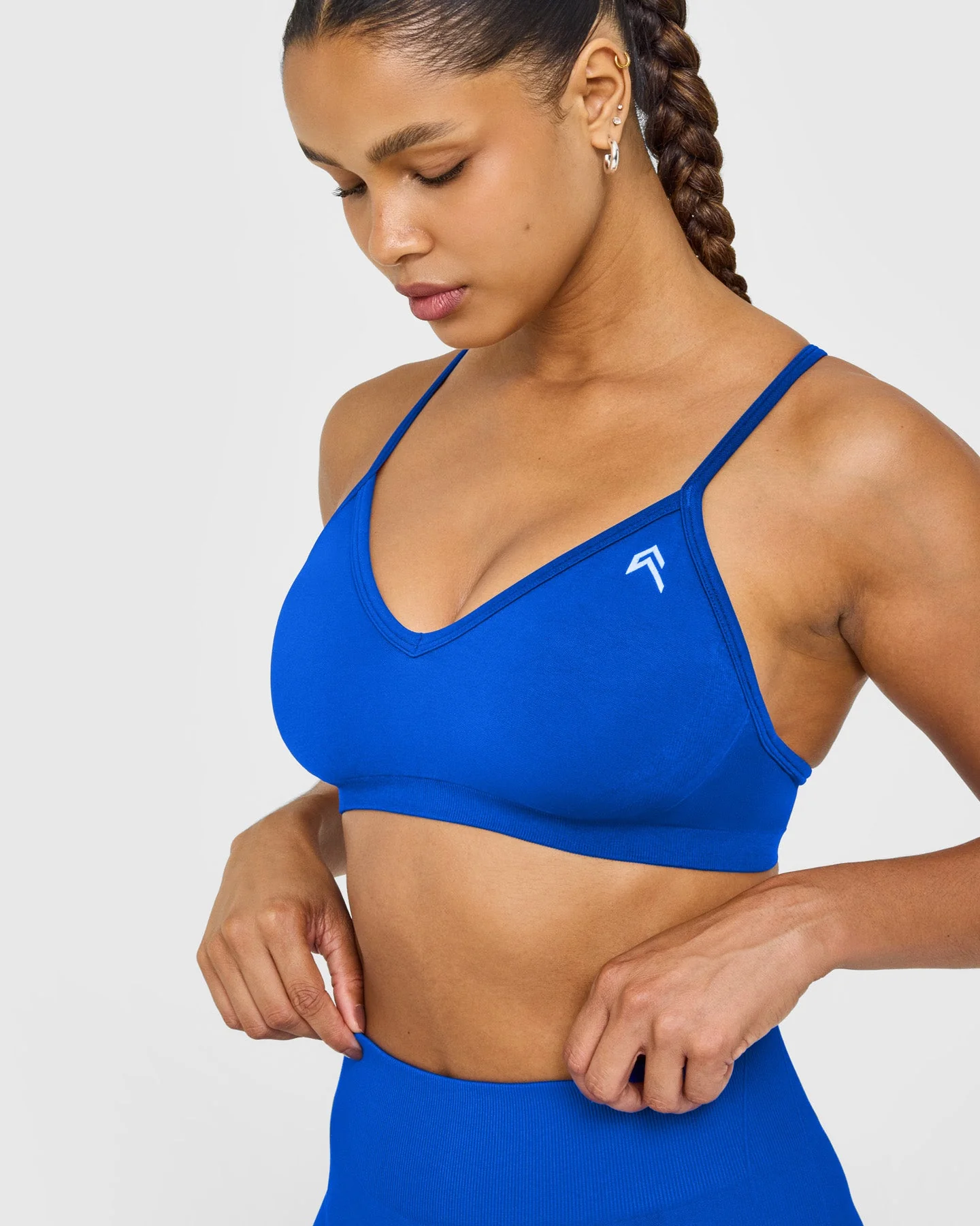 EnhanceLift™ Seamless Strappy Sports Bra with White Logo | Cobalt Blue - Image 5