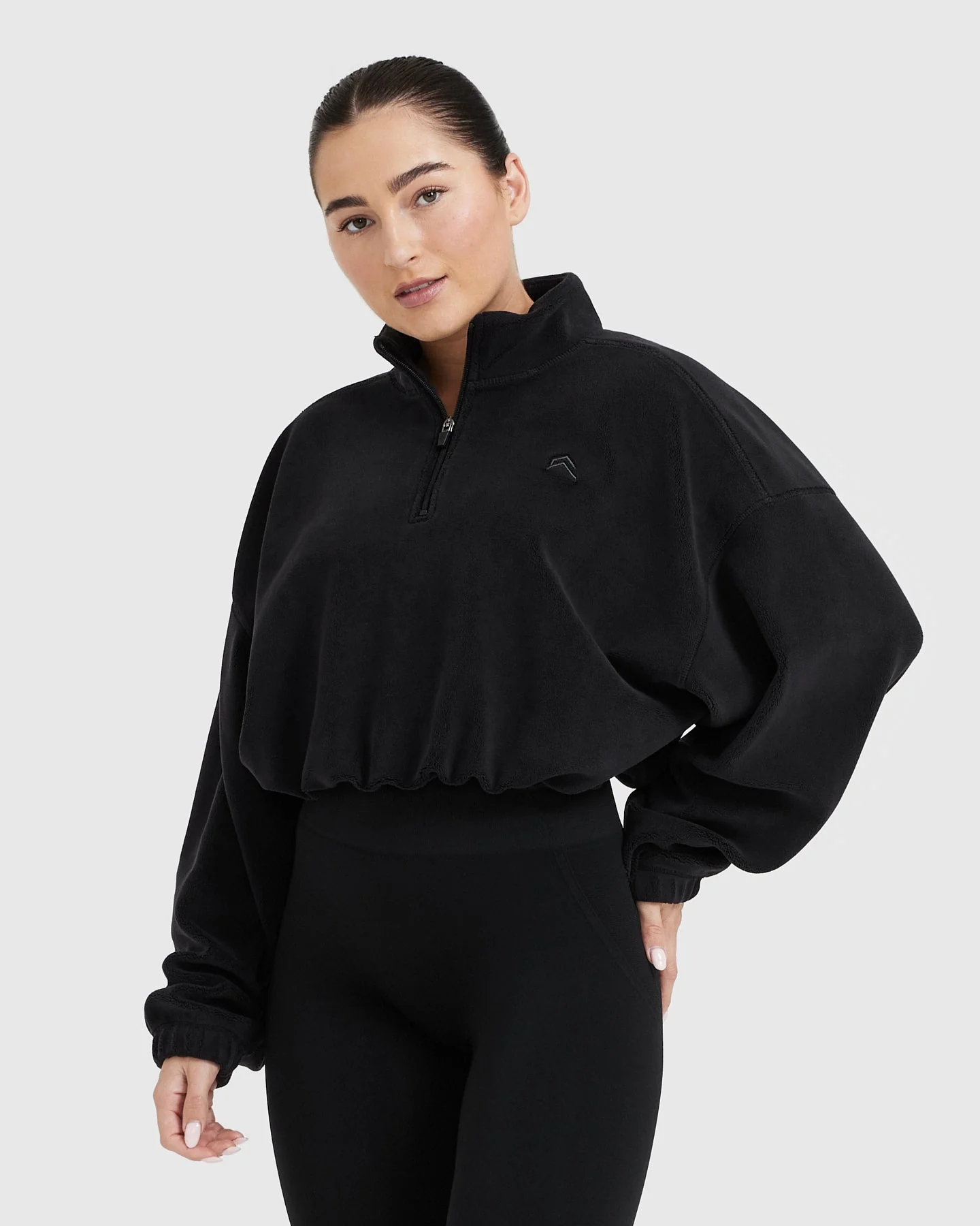 Fleece Oversized Crop 1/2 Zip Sweatshirt | Black - Image 3
