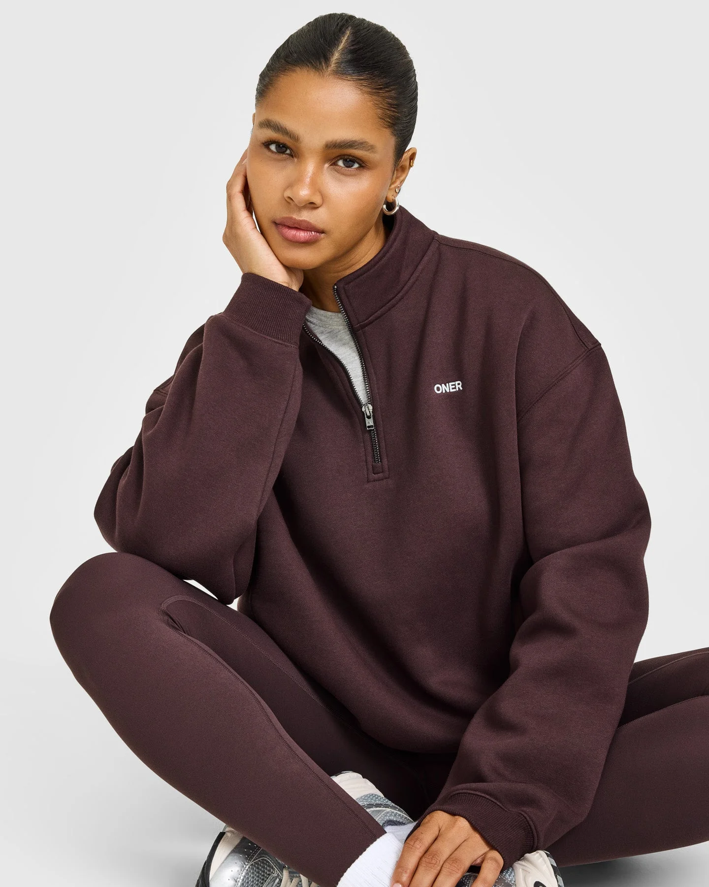 Foundations 1/4 Zip Sweatshirt with Grey Logo | Plum Brown - Image 5