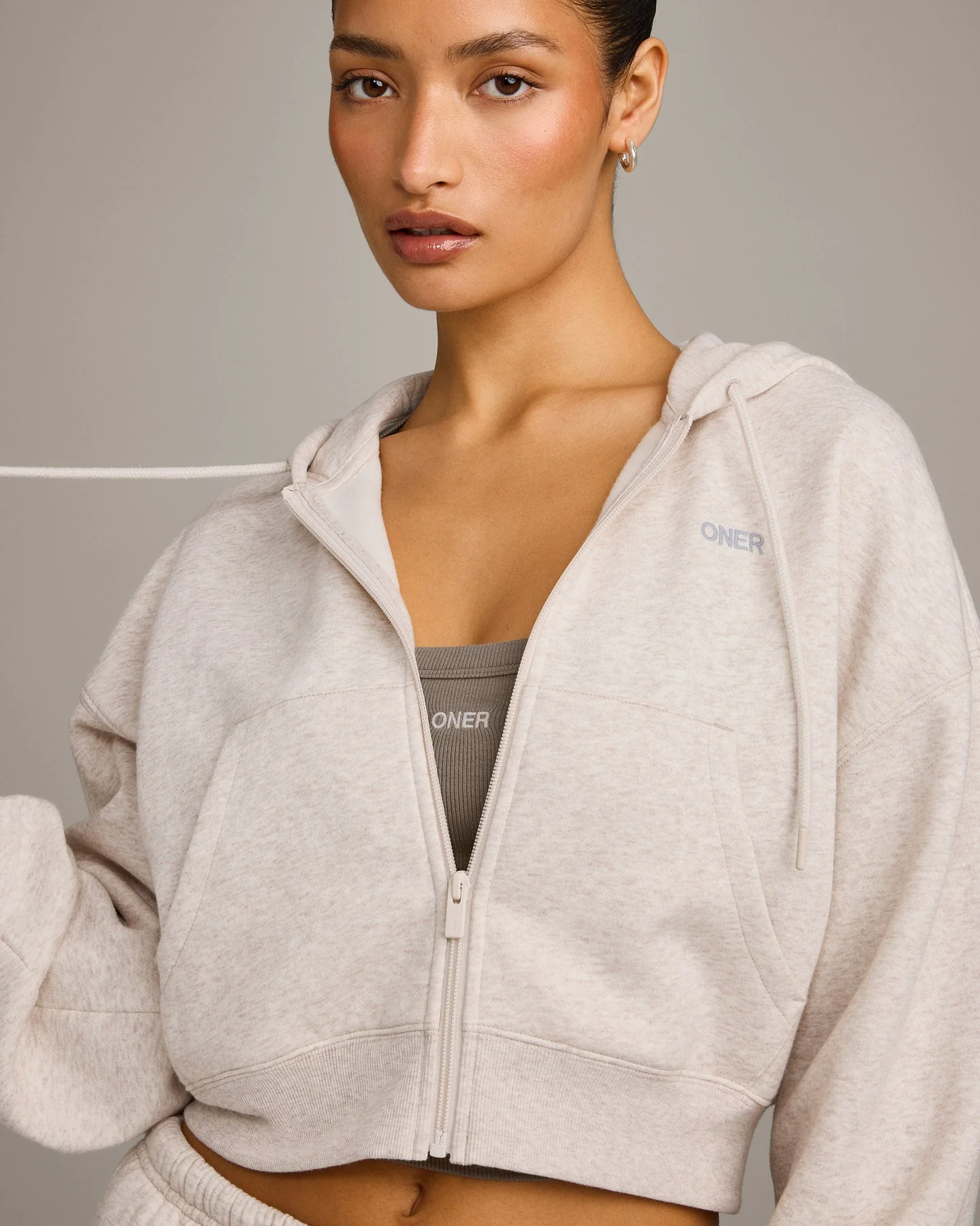 Foundations All Season Cropped Zip Through Hoodie | Oat Marl - Image 5