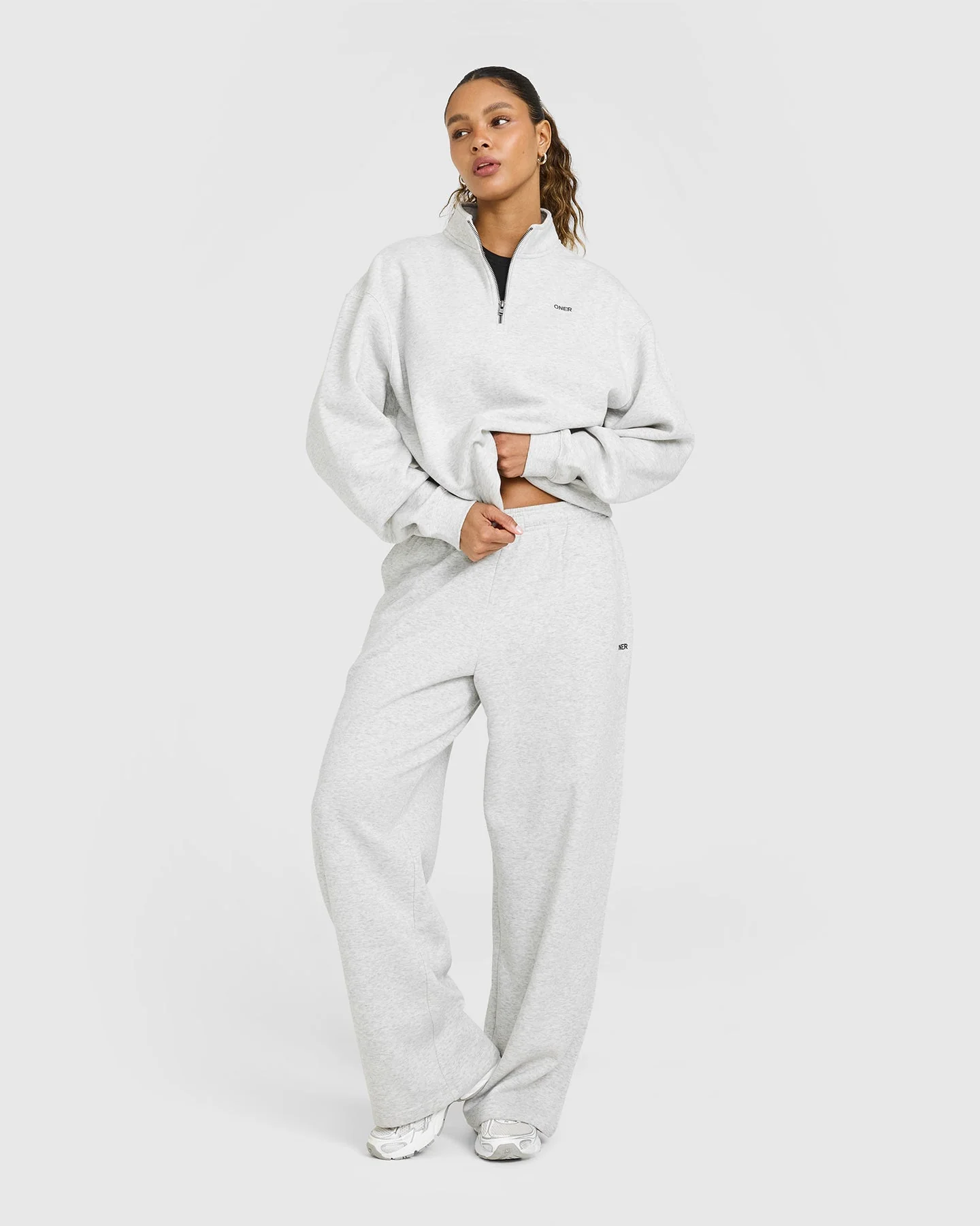 Foundations Oversized 1/4 Zip Sweatshirt | Light Grey Marl - Image 3