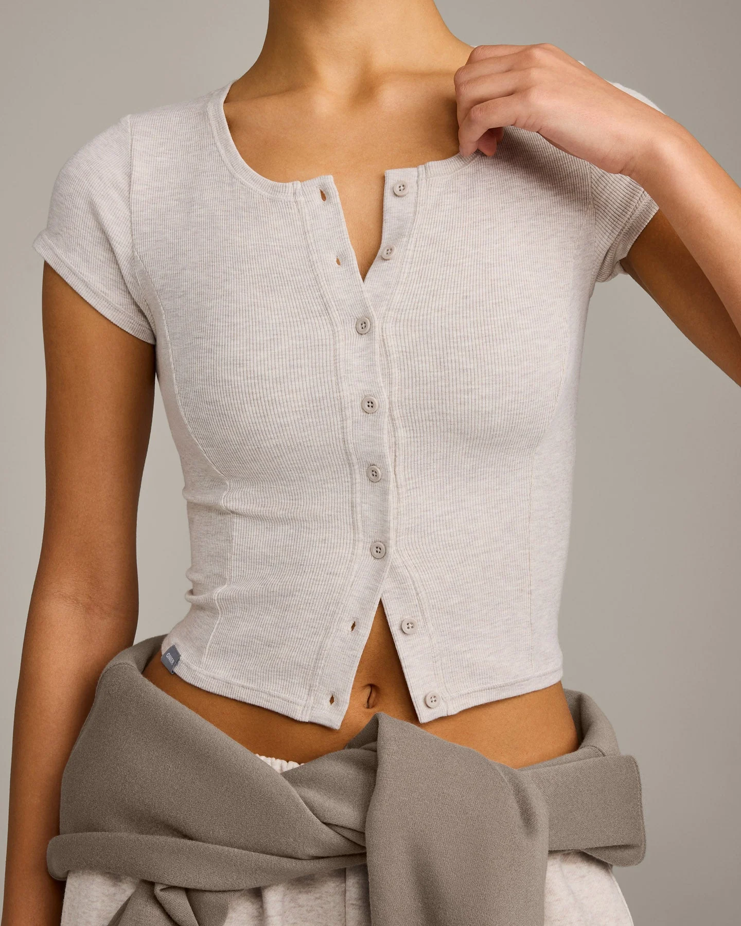 Mellow™ Rib Mid Short Sleeve Cardigan | Oat Marl - Image 3