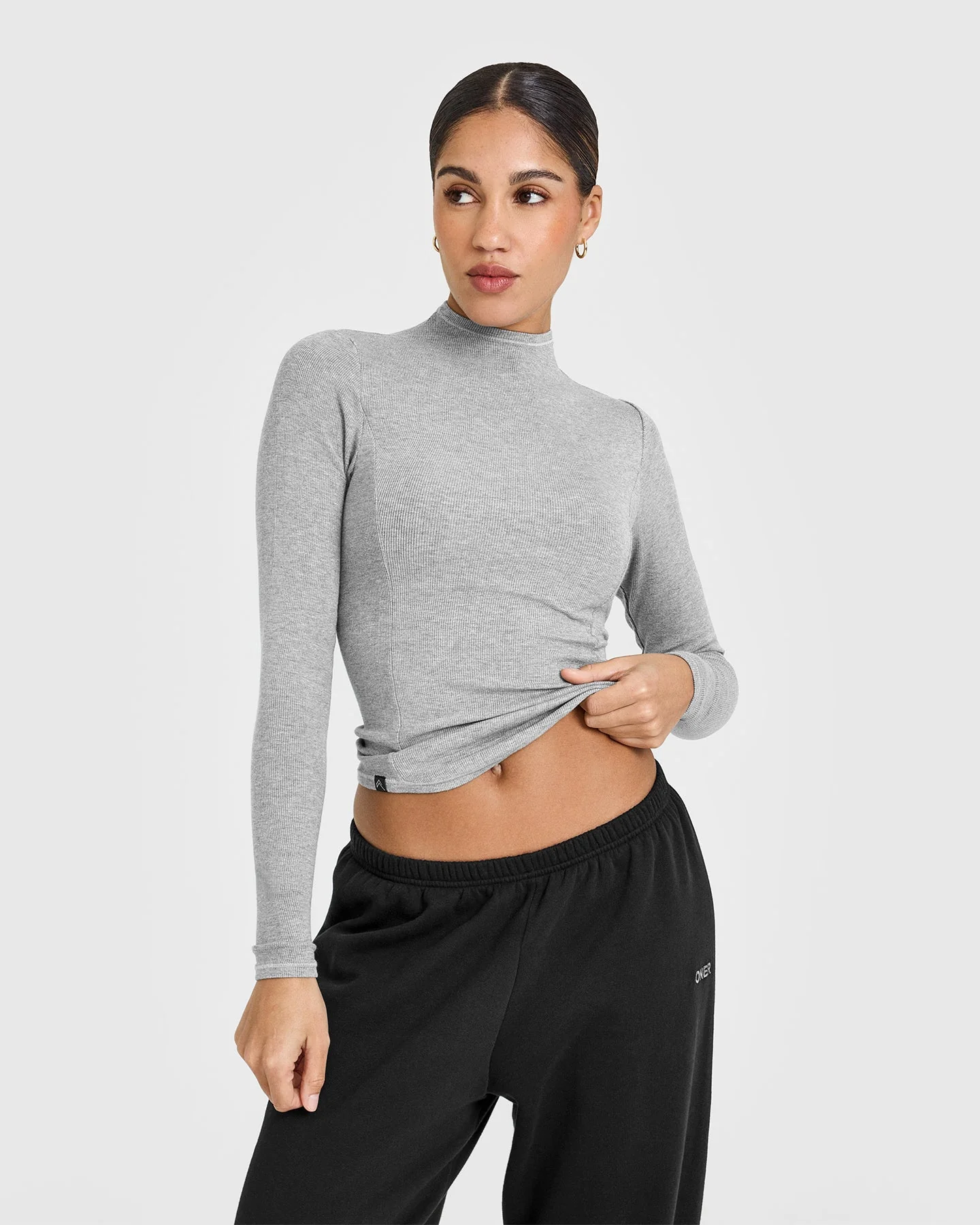 Mellow™ Rib Mock Neck Long Sleeve Top | Charcoal Marl