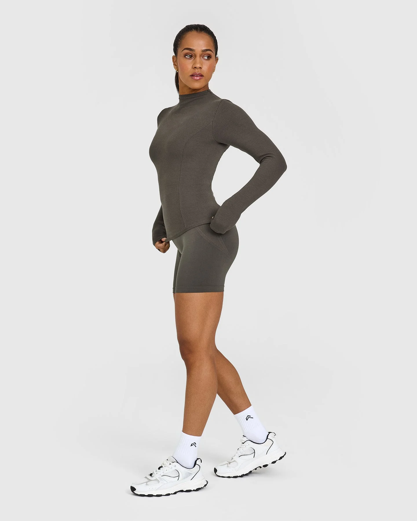 Mellow™ Rib Mock Neck Long Sleeve Top | Deep Taupe - Image 3