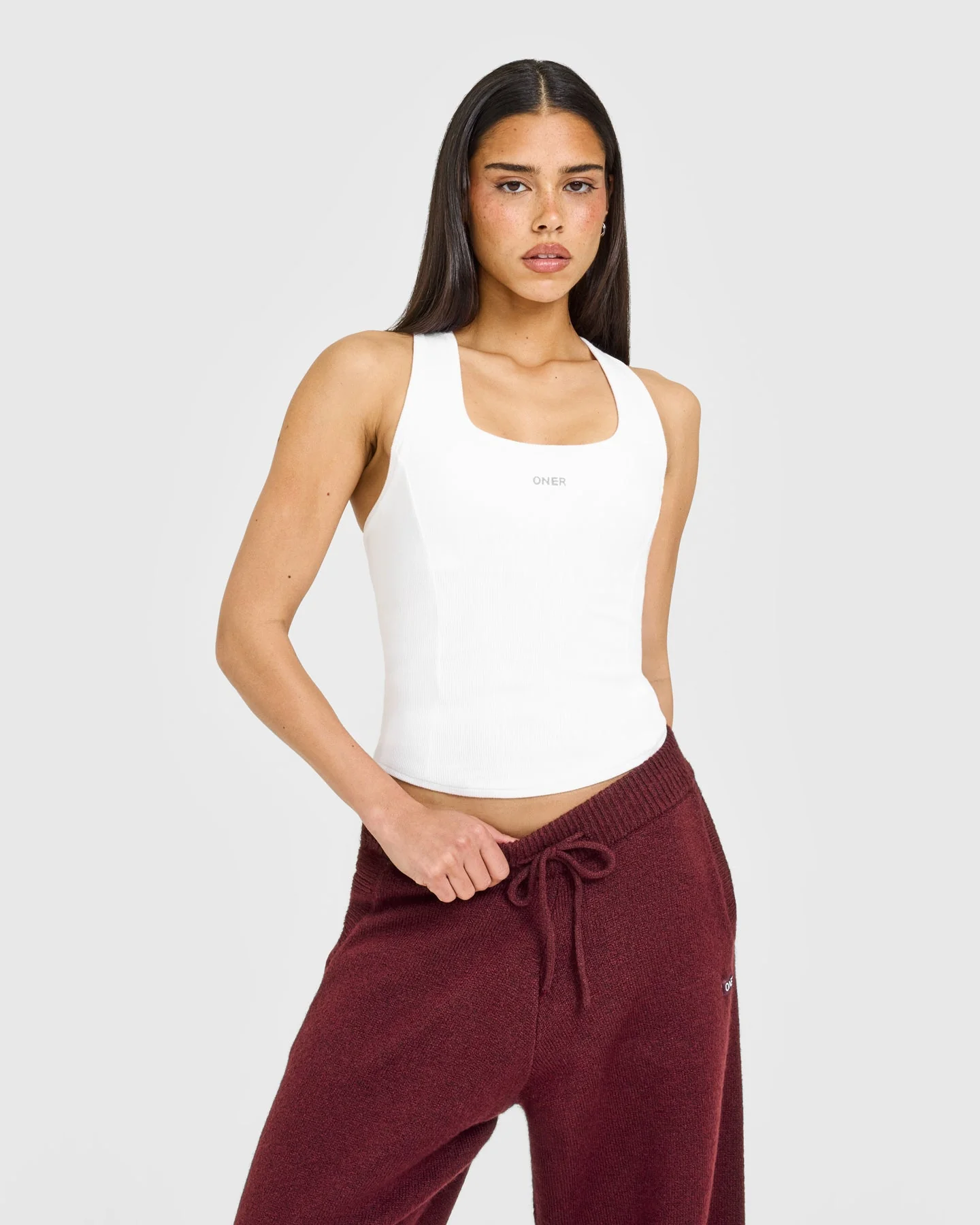 Mellow™ Rib Oner Embroidered Square Neck Vest with Built in Bra Shelf | White
