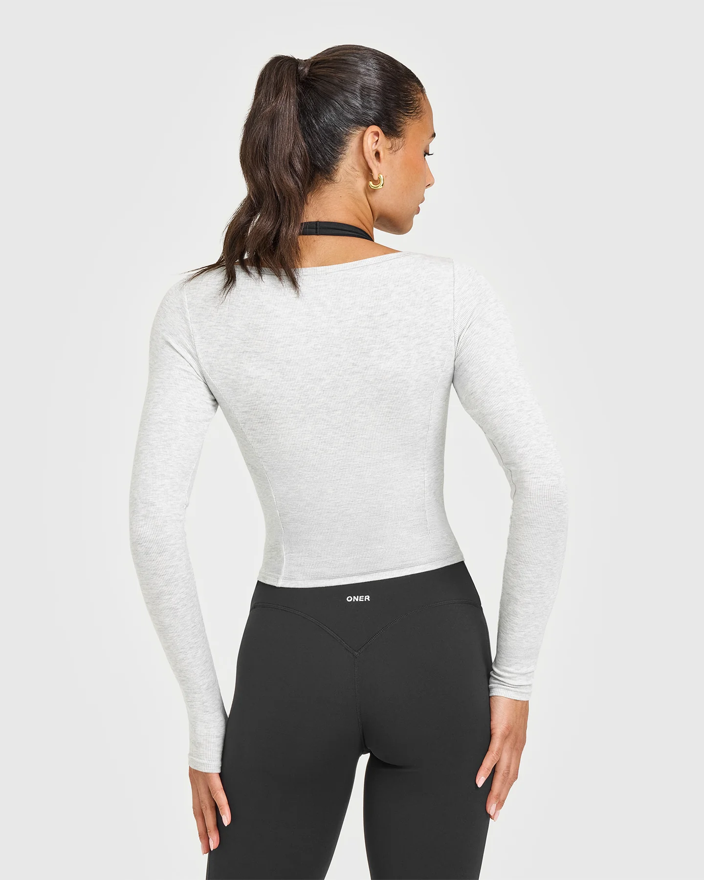 Mellow™ Rib V Neck Mid Long Sleeve Top | Light Grey Marl - Image 2