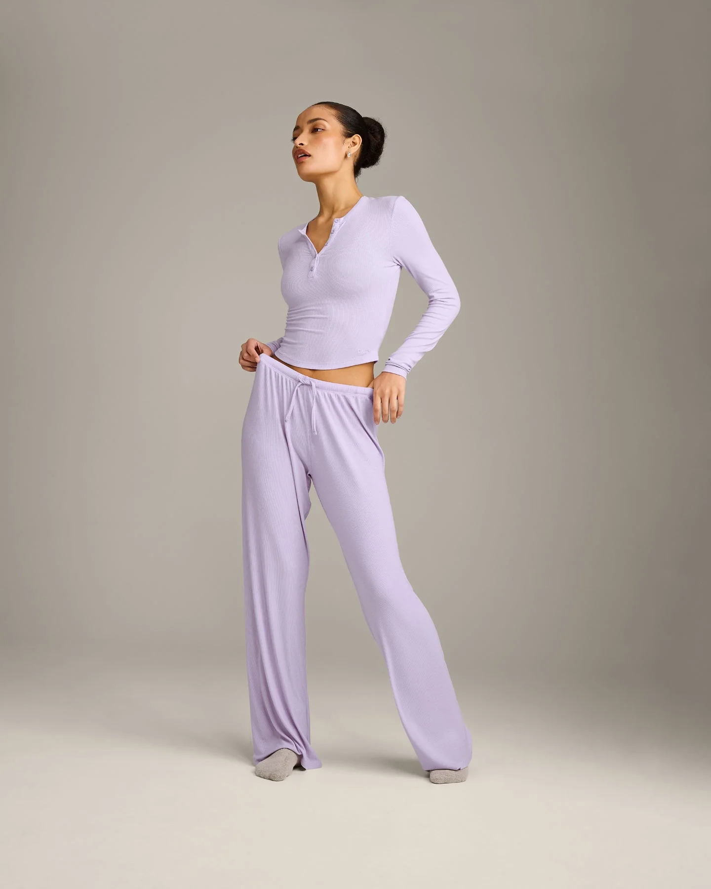 Oner At Home Night Button Down Long Sleeve Top | Light Lavender Purple - Image 3