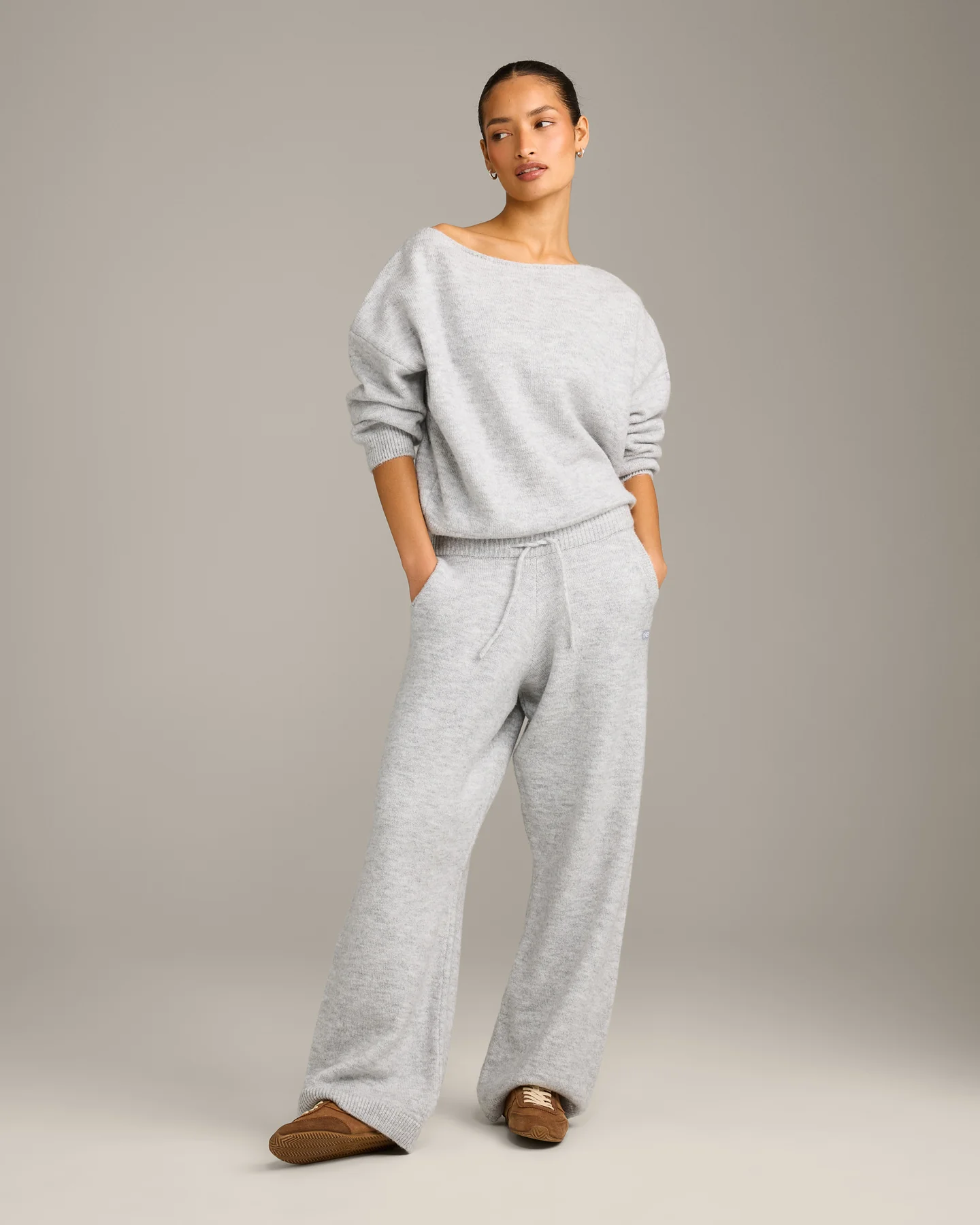 Oversized Knit Straight Leg Bottoms | Light Grey Marl - Image 3