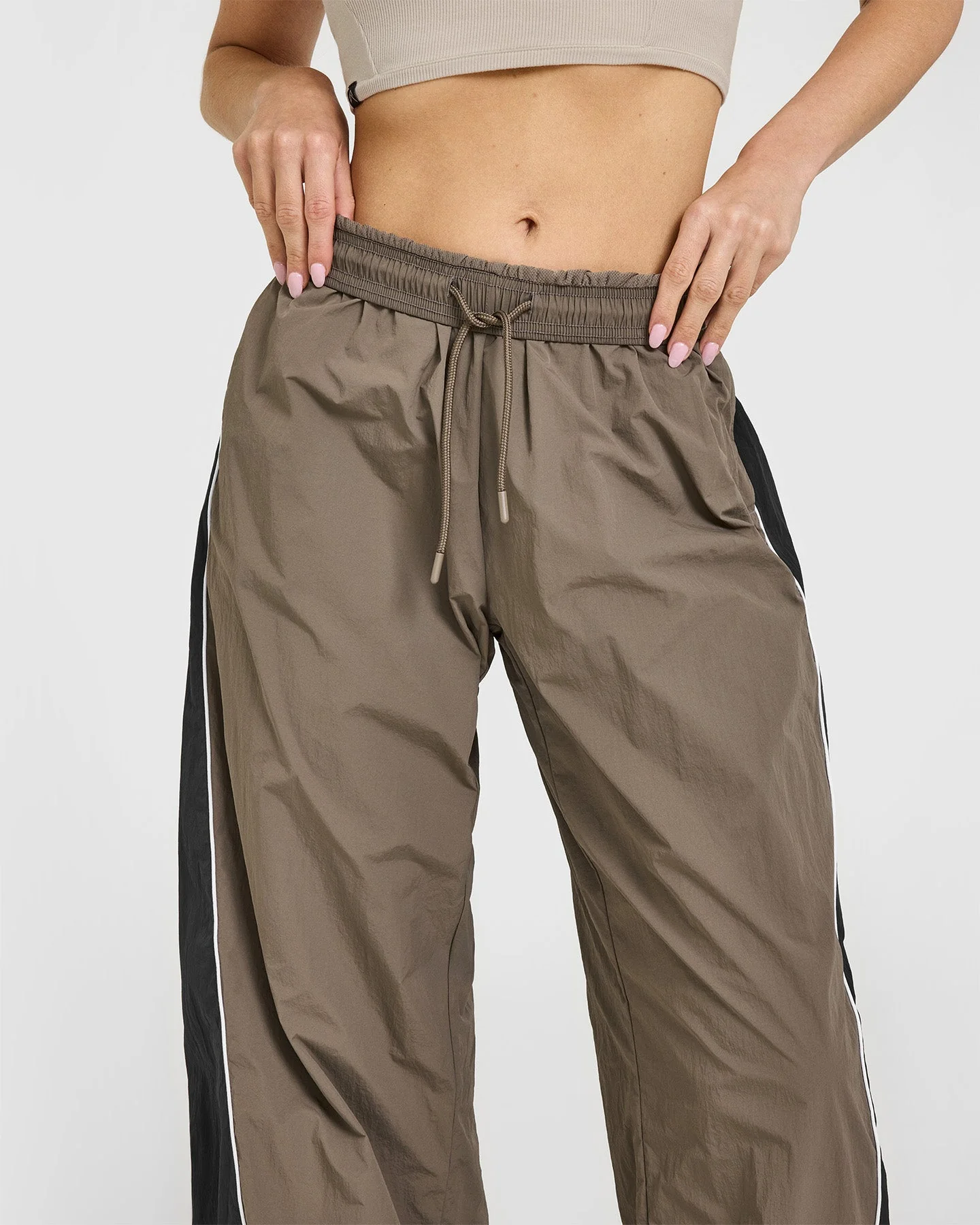 Oversized Piped Woven Straight Leg Track Bottoms | Moss Brown - Image 6