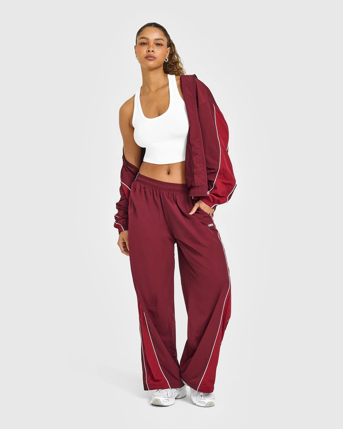 Oversized Piped Woven Straight Leg Track Bottoms | Rosewood - Image 2