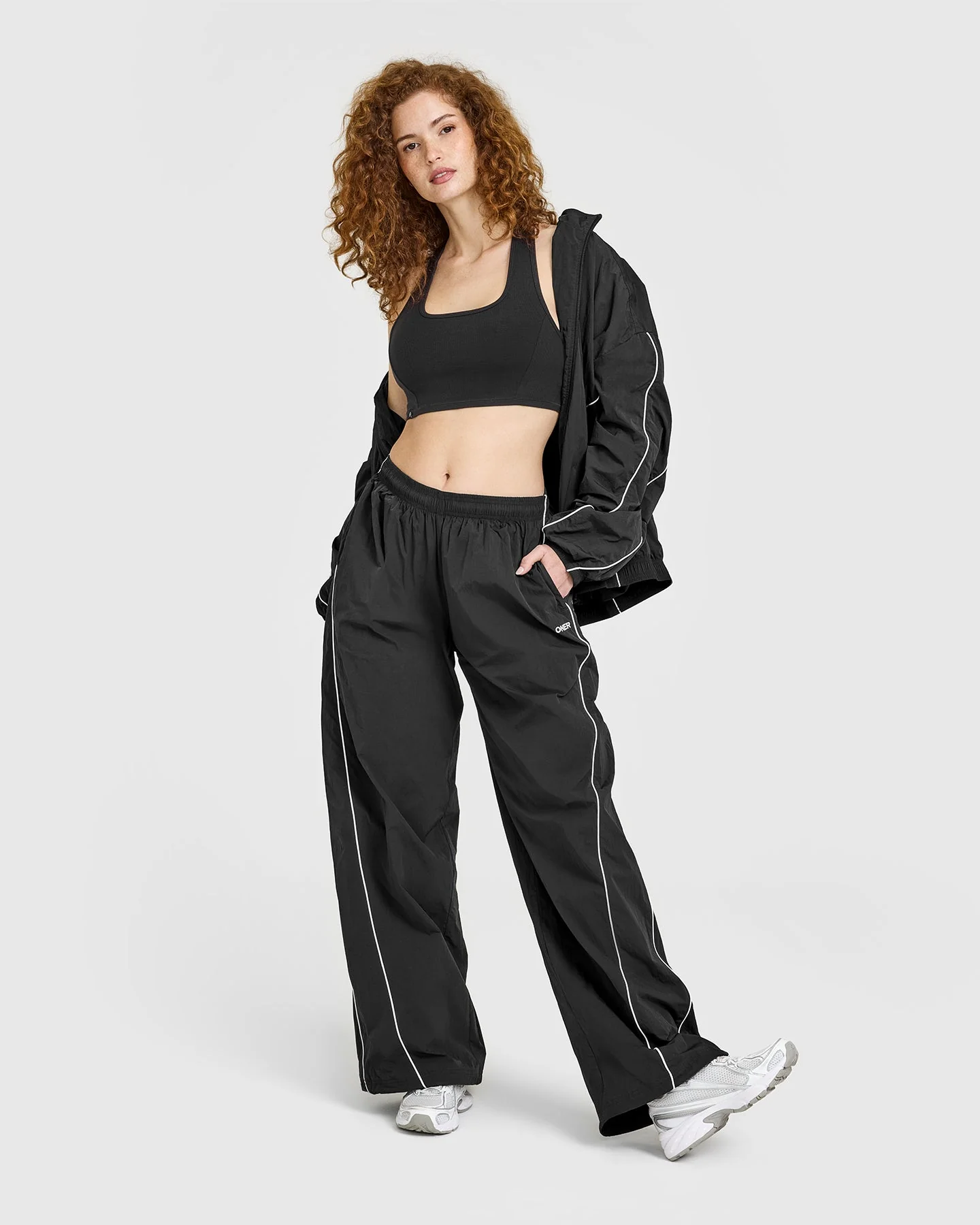Oversized Piped Woven Straight Leg Track Bottoms | Soft Black - Image 3
