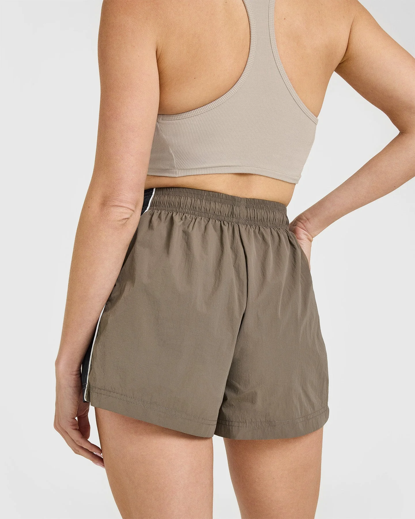 Oversized Piped Woven Track Shorts | Moss Brown - Image 4