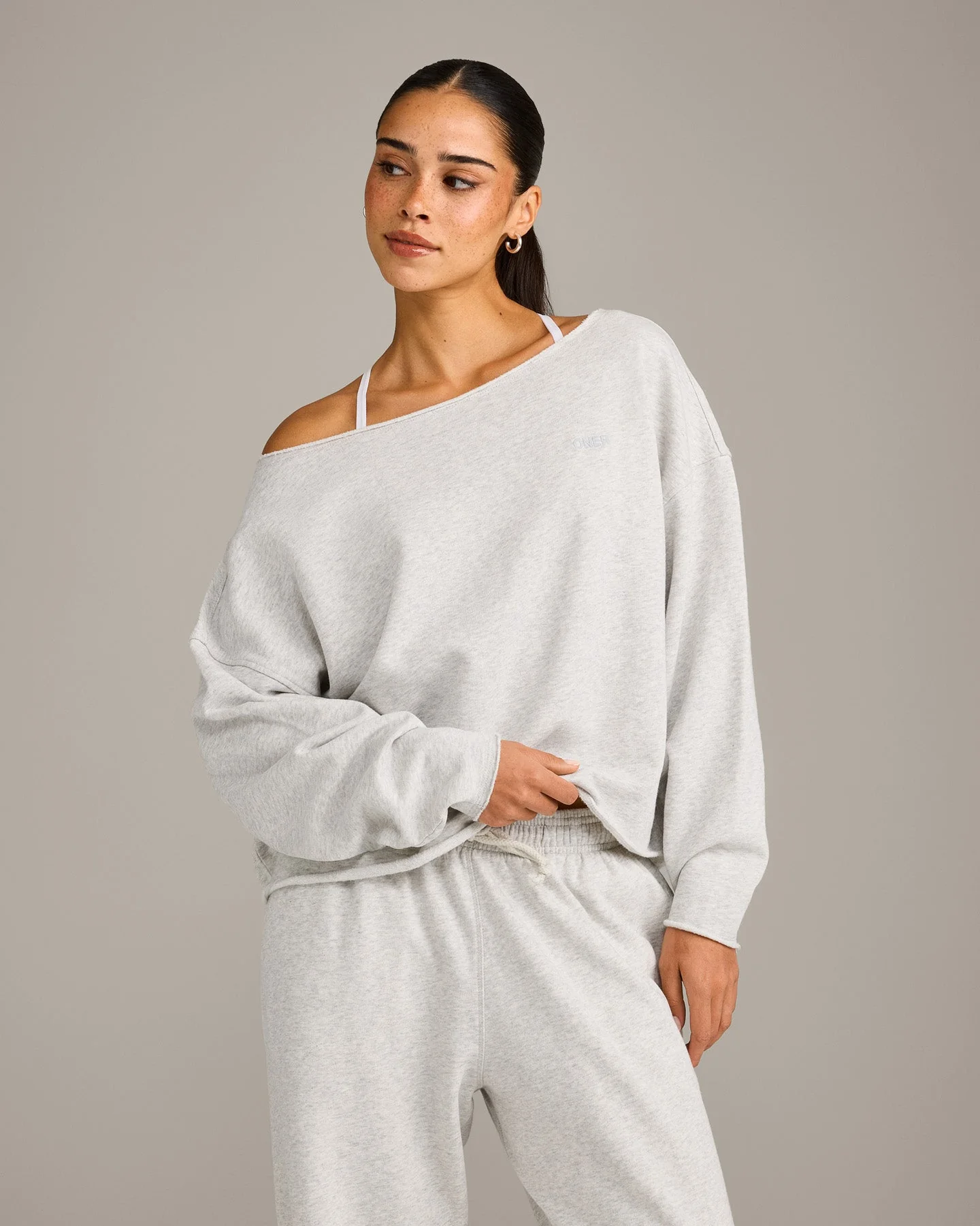 Raw Cut Lounge Off-The-Shoulder Sweatshirt | Light Grey Marl