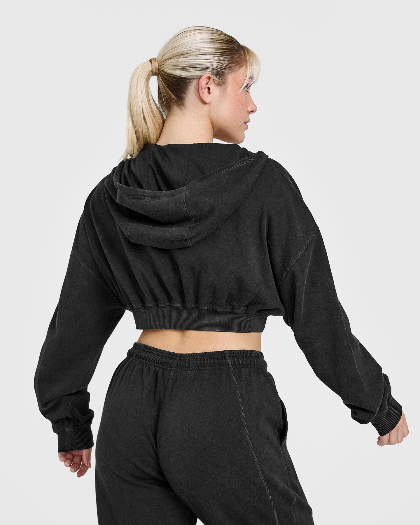 Raw Lounge Crop Zip Through Hoodie with Graphic | Washed Black - Image 2