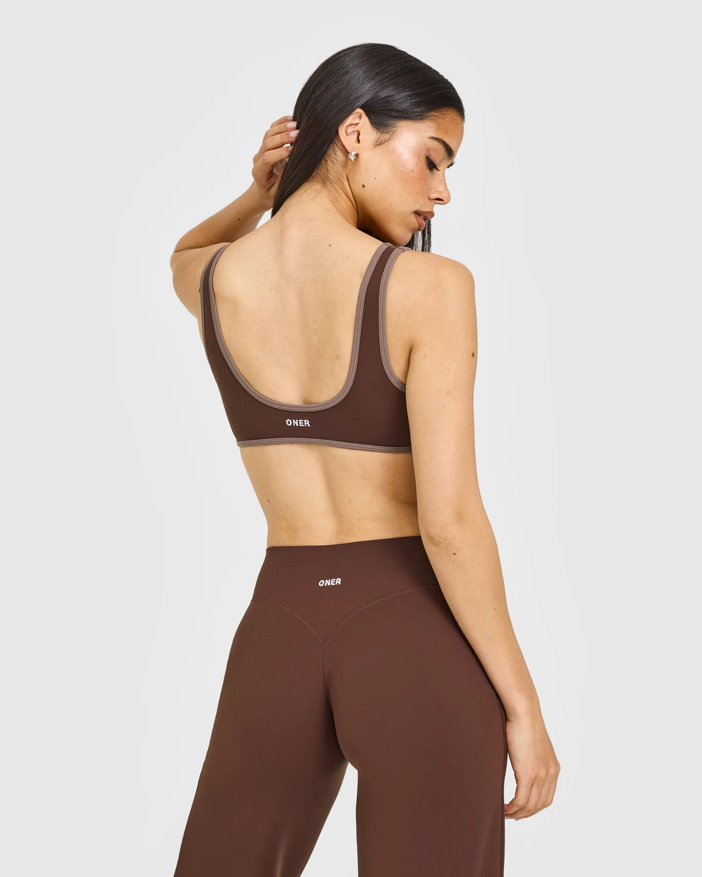 SoftMotion™ Contrast Scoop Back Bralette with White Logo | Espresso Brown - Image 6