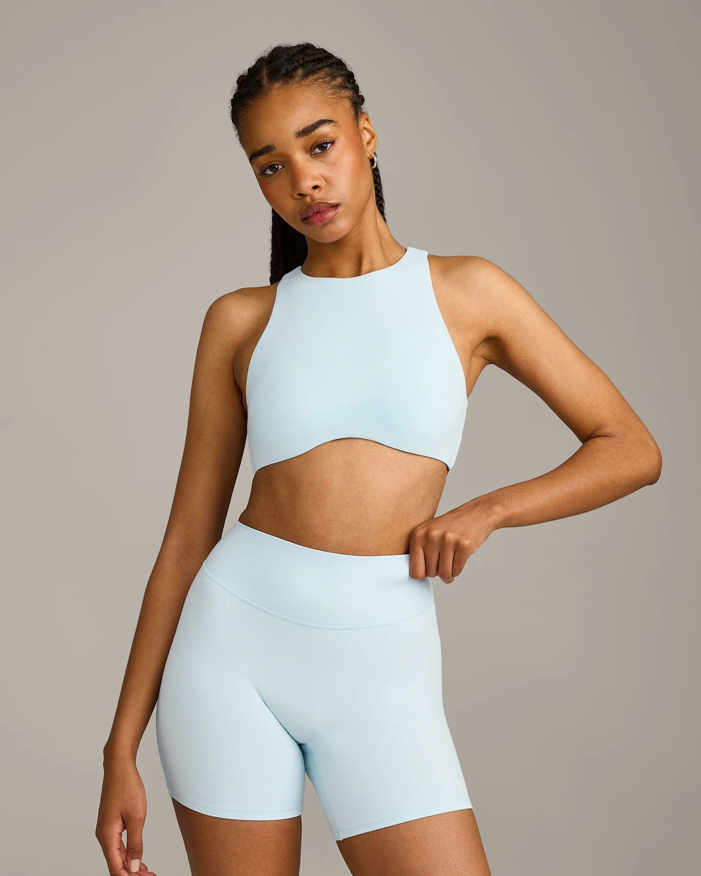 SoftMotion™ High Neck Sports Bra with Grey Logo | Cloud Blue